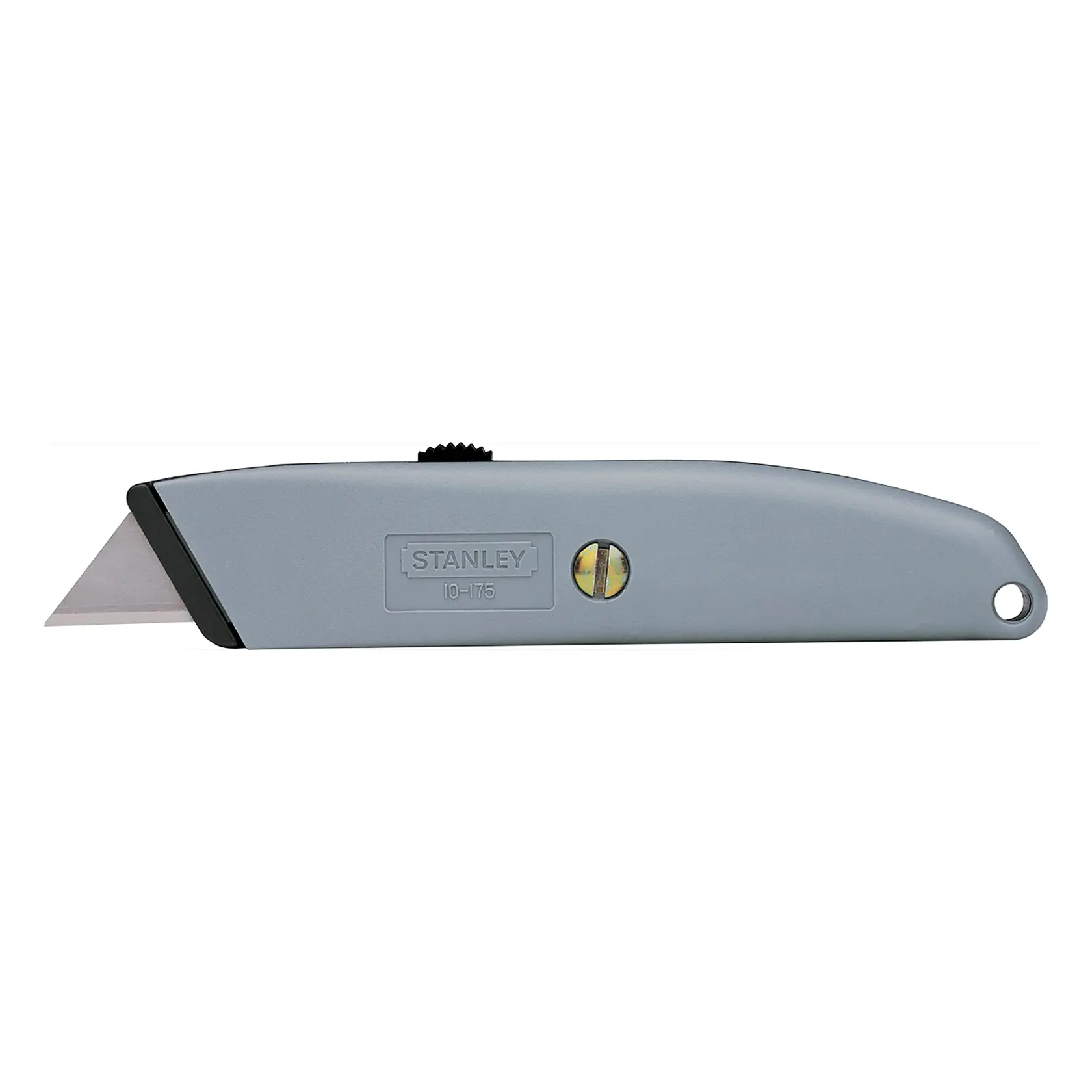 STANLEY 10-175 cuchillo utilitario plateado, vista lateral izquierda, con hoja visible y tornillo en el mango de metal.
