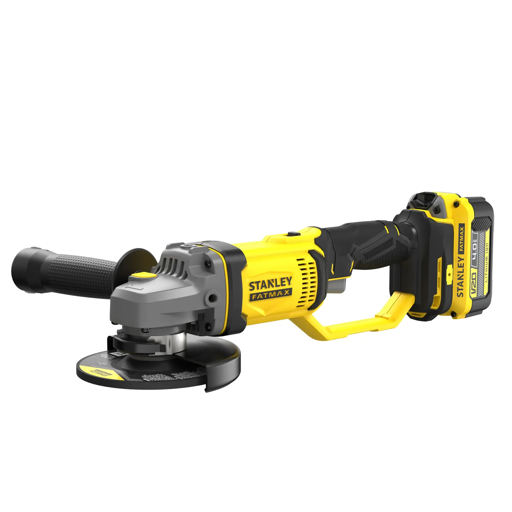 Stanley SCG400M2K-KR amoladora angular inalámbrica, amarillo y negro, vista lateral, serie Fatmax.