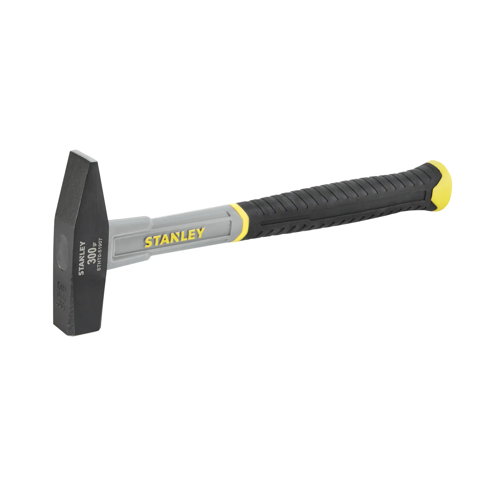 Martillo Stanley 300g con mango negro y amarillo y cabeza metálica sobre fondo blanco.
