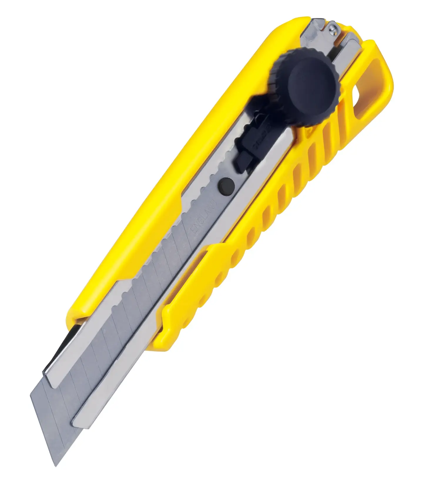 STANLEY STHT10321-8 cuchillo de uso general amarillo con hoja segmentada, ángulo lateral sobre fondo blanco.