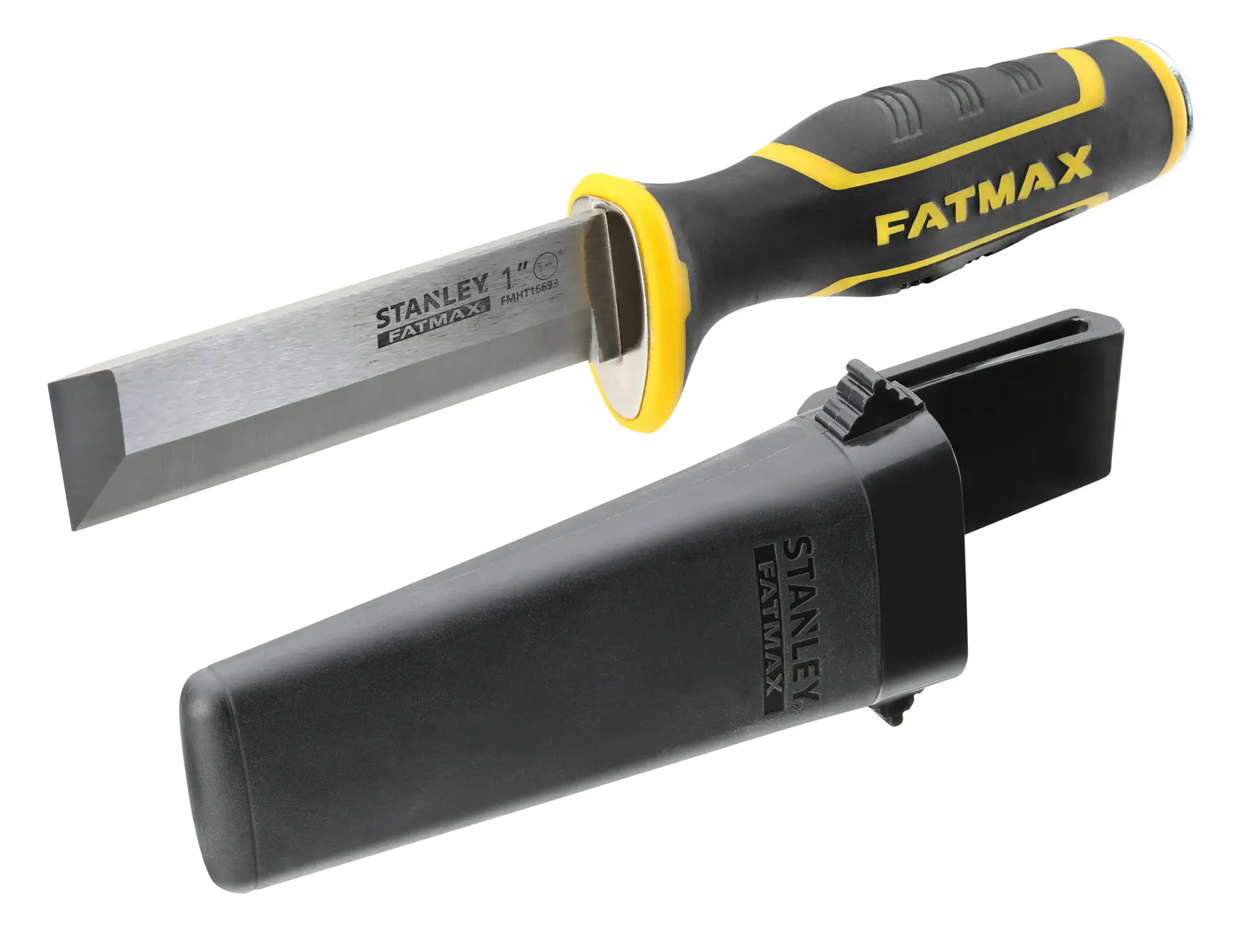 STANLEY FMHT16693-0 cincel con mango negro y amarillo y funda protectora, vista lateral, fondo blanco.