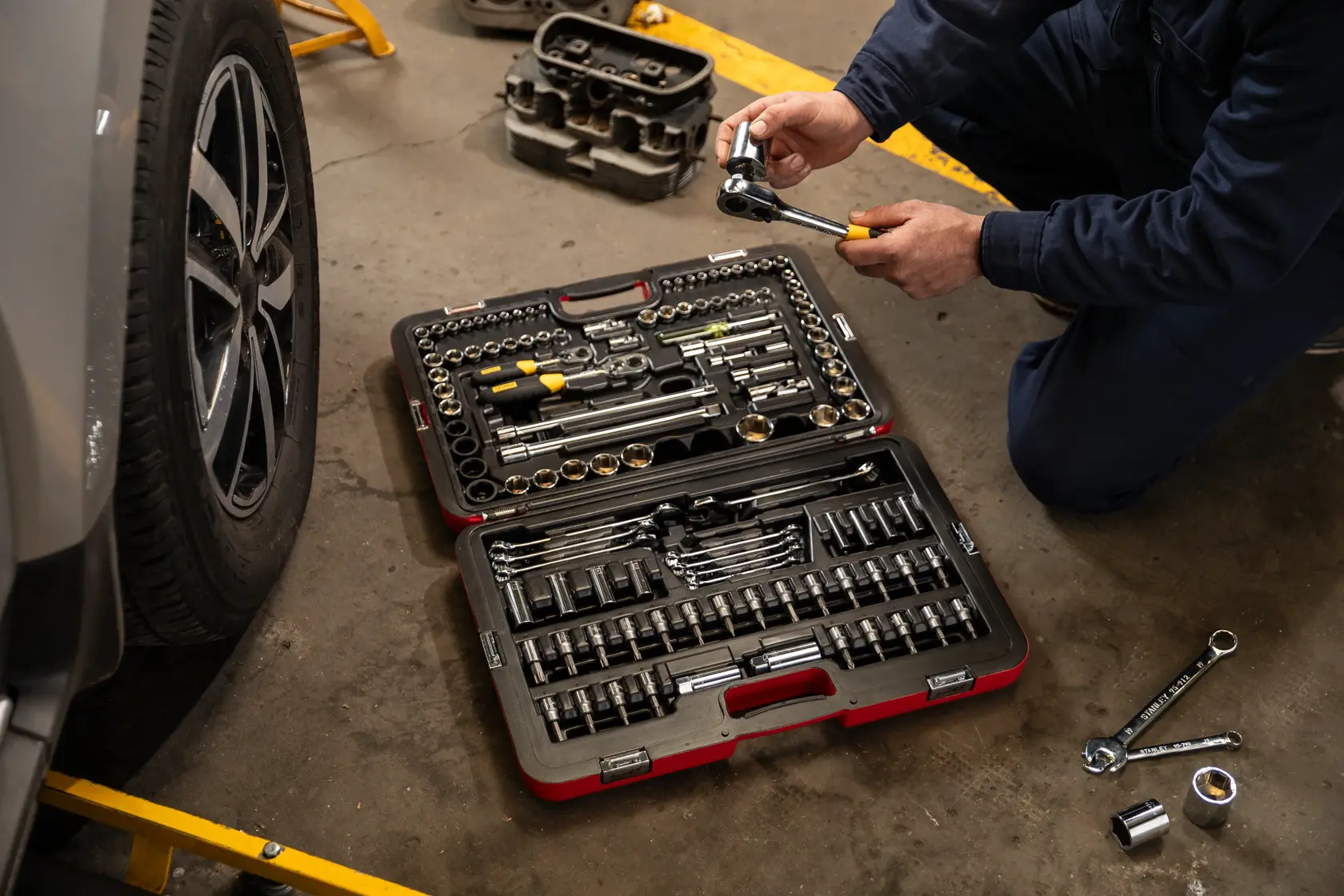 Juego de herramientas mecánicas STANLEY R99-120LA abierto en el piso del taller cerca de una llanta de auto, técnico con llave de carraca.