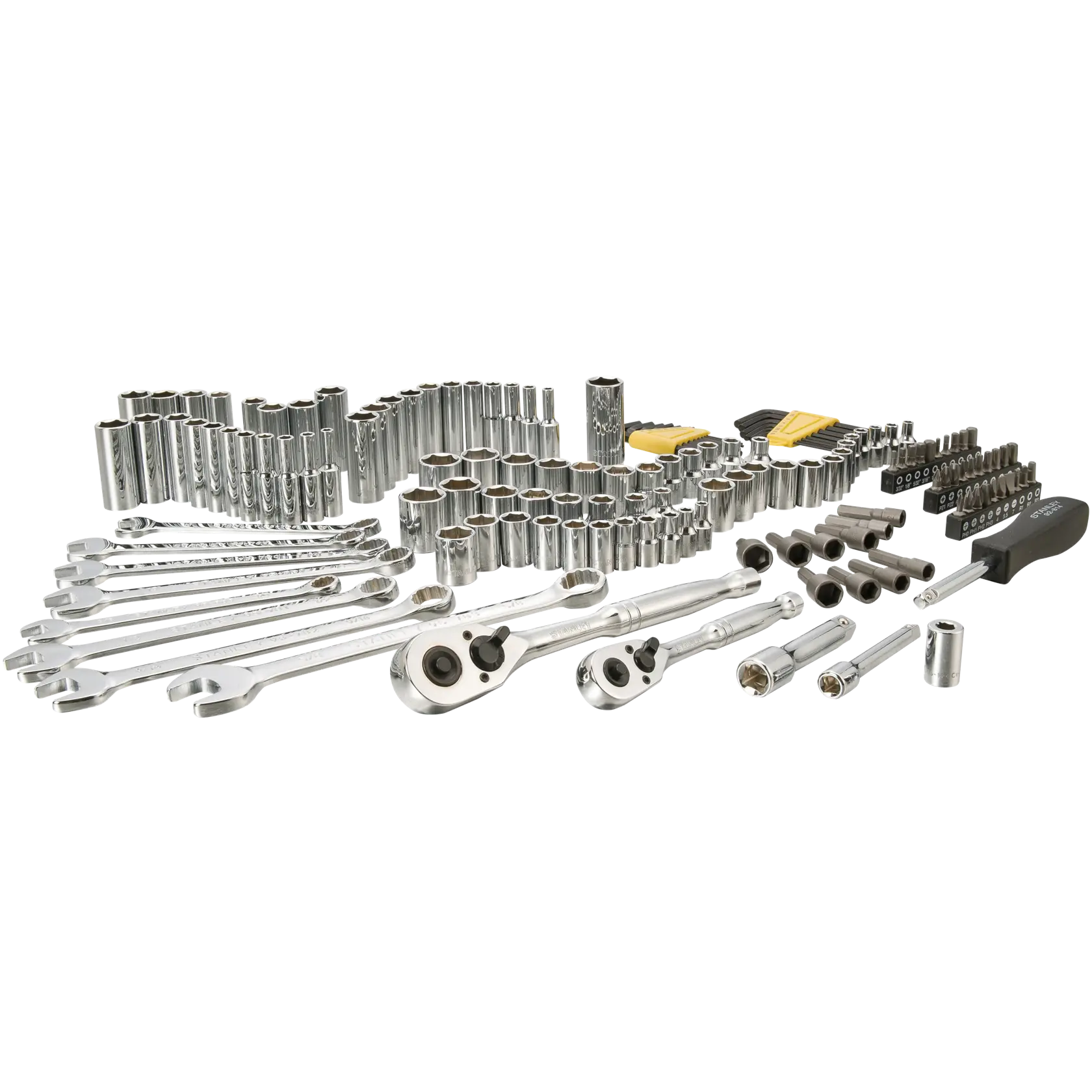 Stanley juego de herramientas mecánicas cromadas, vista en ángulo, llaves, trinquetes, dados, destornillador y puntas