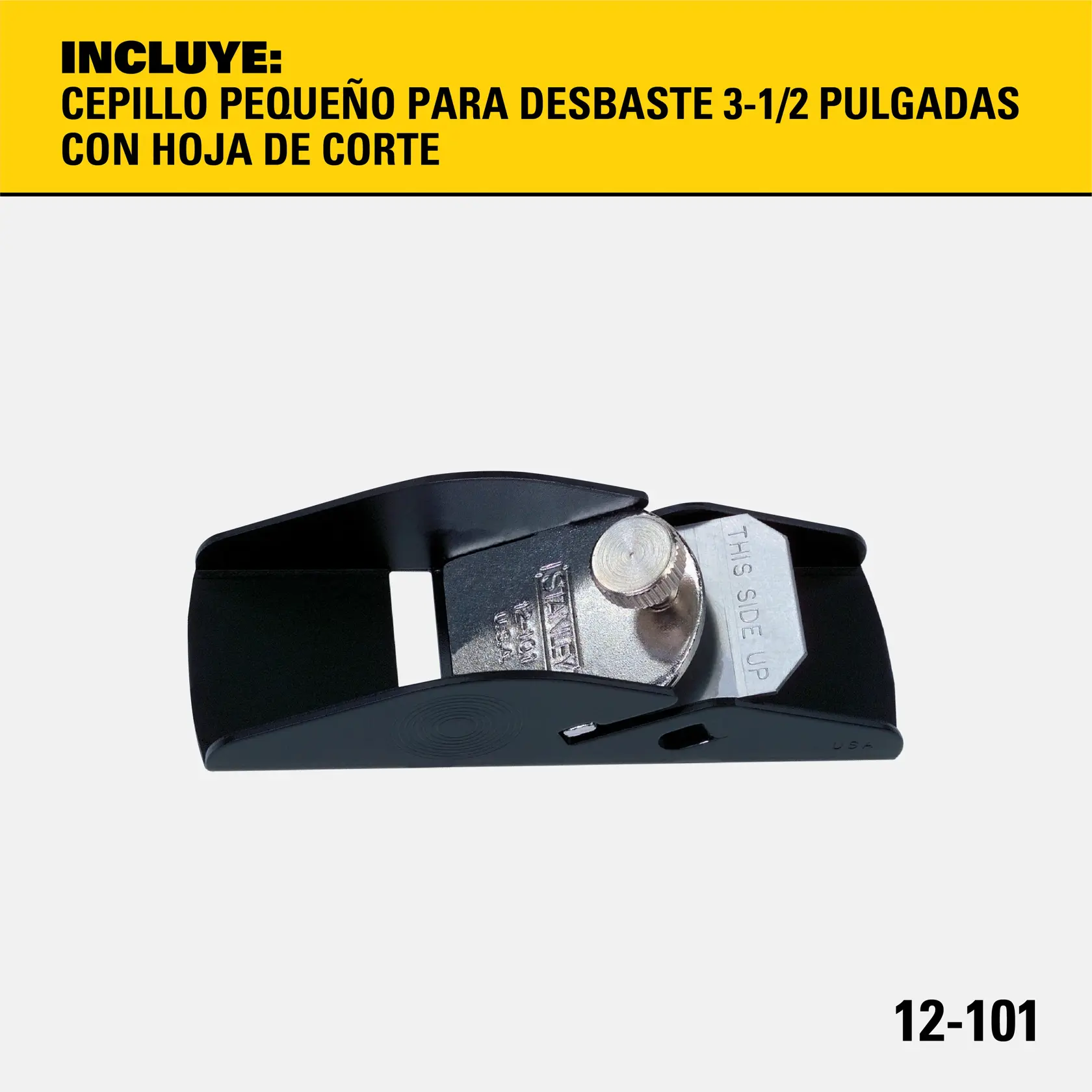 La imagen muestra un cepillo pequeño Stanley para desbaste, modelo 12-101, con hoja de corte. Es una herramienta de metal negra y compacta. La parte superior de la imagen tiene texto amarillo en español que dice: 'INCLUYE: CEPILLO PEQUEÑO PARA DESBASTE 3-1/2 PULGADAS CON HOJA DE CORTE'. El número de modelo 12-101 aparece en la esquina inferior derecha.