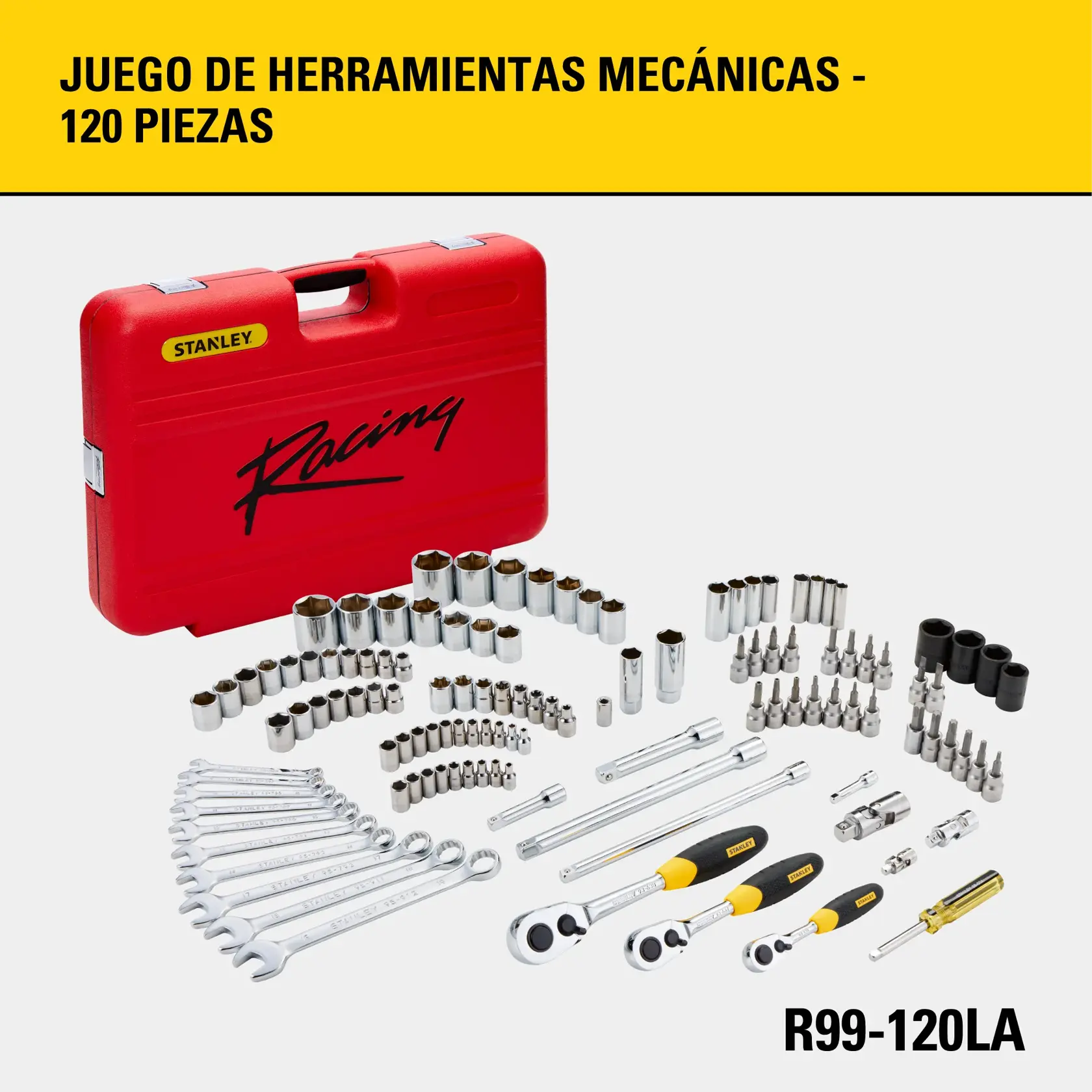 Juego de herramientas mecánicas de 120 piezas de STANLEY, SKU R99-120LA, que incluye llaves, dados, carracas, puntas y accesorios, mostrado junto a un estuche rojo con la palabra 'Racing'.
