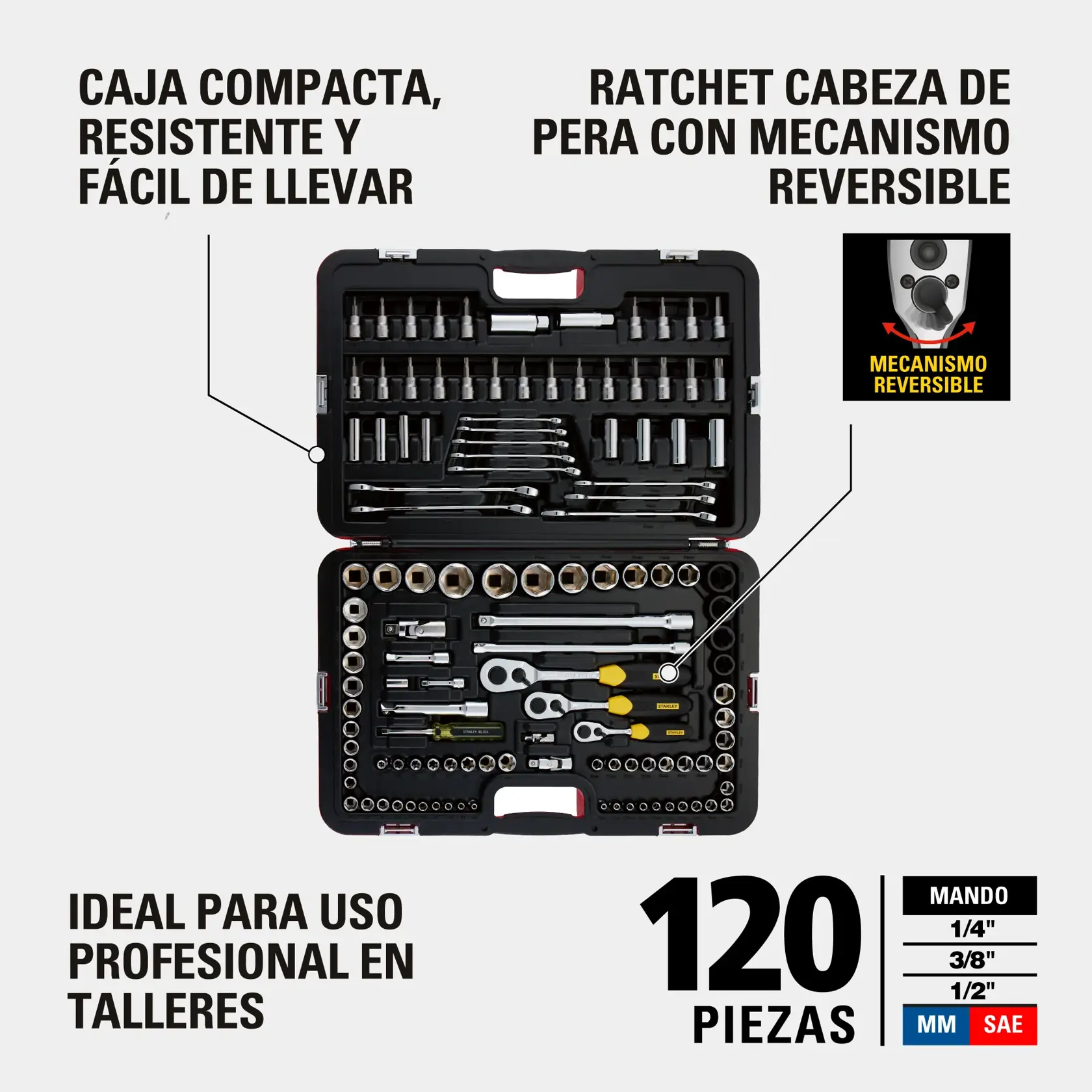 Kit Stanley compacto y resistente, con 120 piezas incluyendo ratchet cabeza de pera con mecanismo reversible, ideal para uso profesional en talleres; juego incluye caja fácil de llevar y piezas en medidas métricas (MM) y SAE.