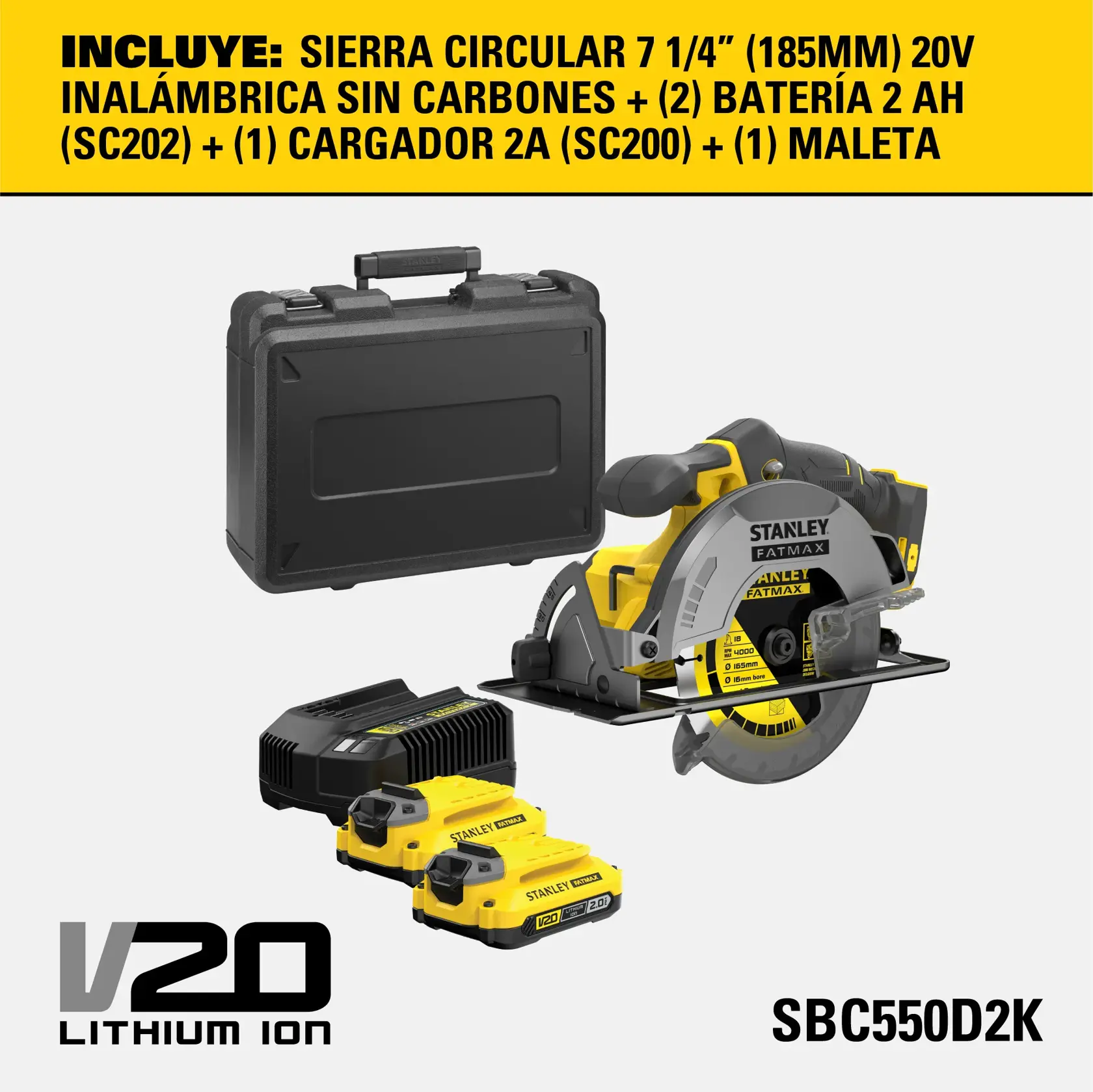 Kit de sierra circular inalámbrica Stanley Fatmax V20 (modelo SBC550D2K) que incluye una sierra circular sin carbones de 7 1/4 pulgadas (185 mm) 20V, dos baterías de 2Ah, un cargador de 2A y un maletín. La imagen muestra la sierra, el cargador, las dos baterías y el estuche negro.