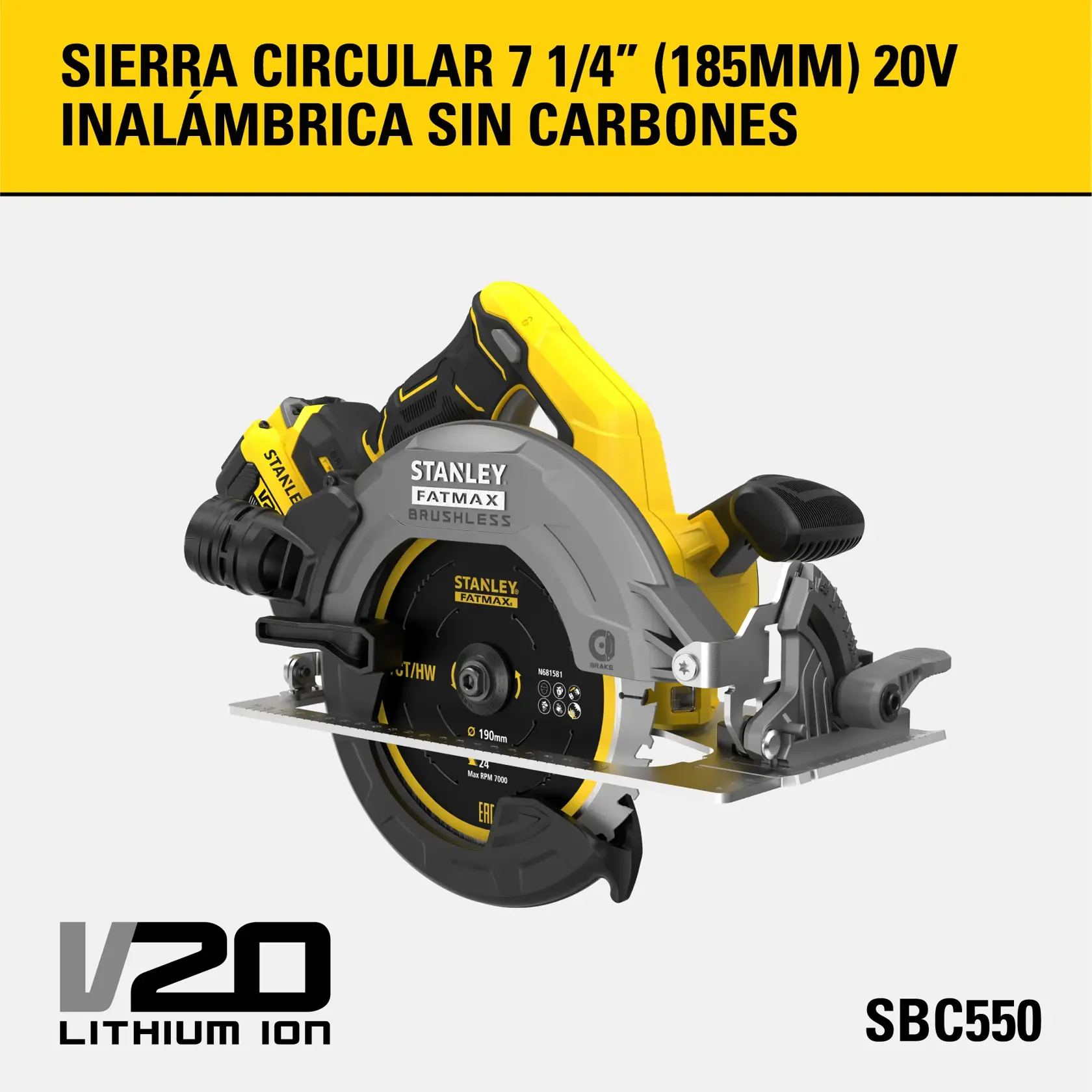 Sierra circular inalámbrica Stanley Fatmax V20 sin carbones, de 7 1/4 pulgadas (185 mm) con batería de ion-litio, modelo SBC550, mostrada en negro y amarillo.