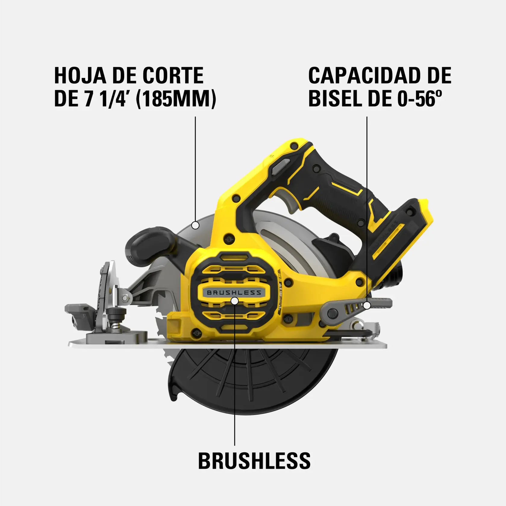 Vista lateral de una sierra circular STANLEY SBC550. La sierra es de color amarillo y negro, con etiquetas que destacan una hoja de corte de 7 1/4 pulgadas (185 mm), capacidad de bisel de 0-56° y tecnología brushless.