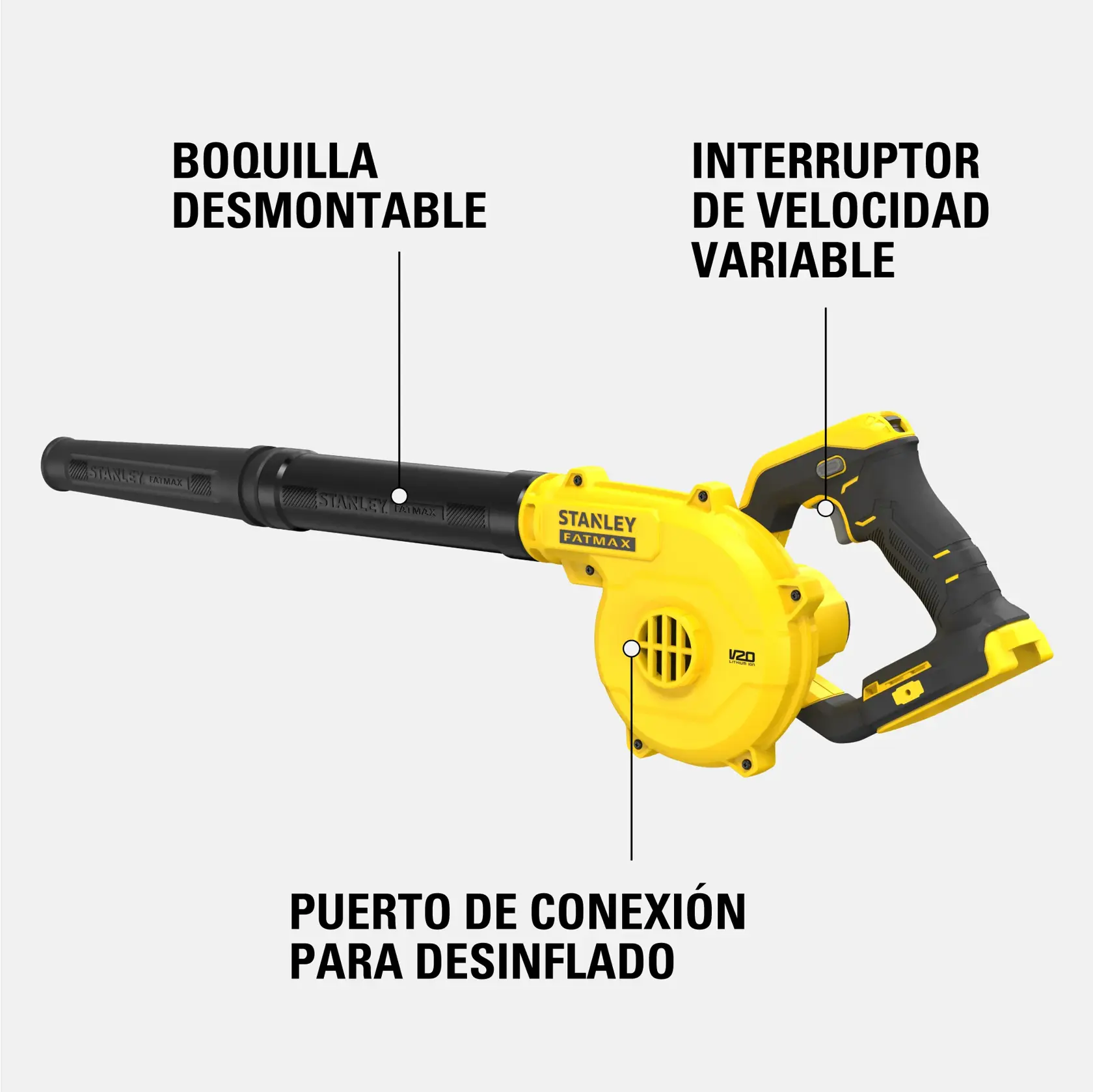 Sopladora inalámbrica amarilla y negra Stanley Fatmax con funciones etiquetadas: boquilla desmontable, interruptor de velocidad variable y puerto de conexión para desinflado.