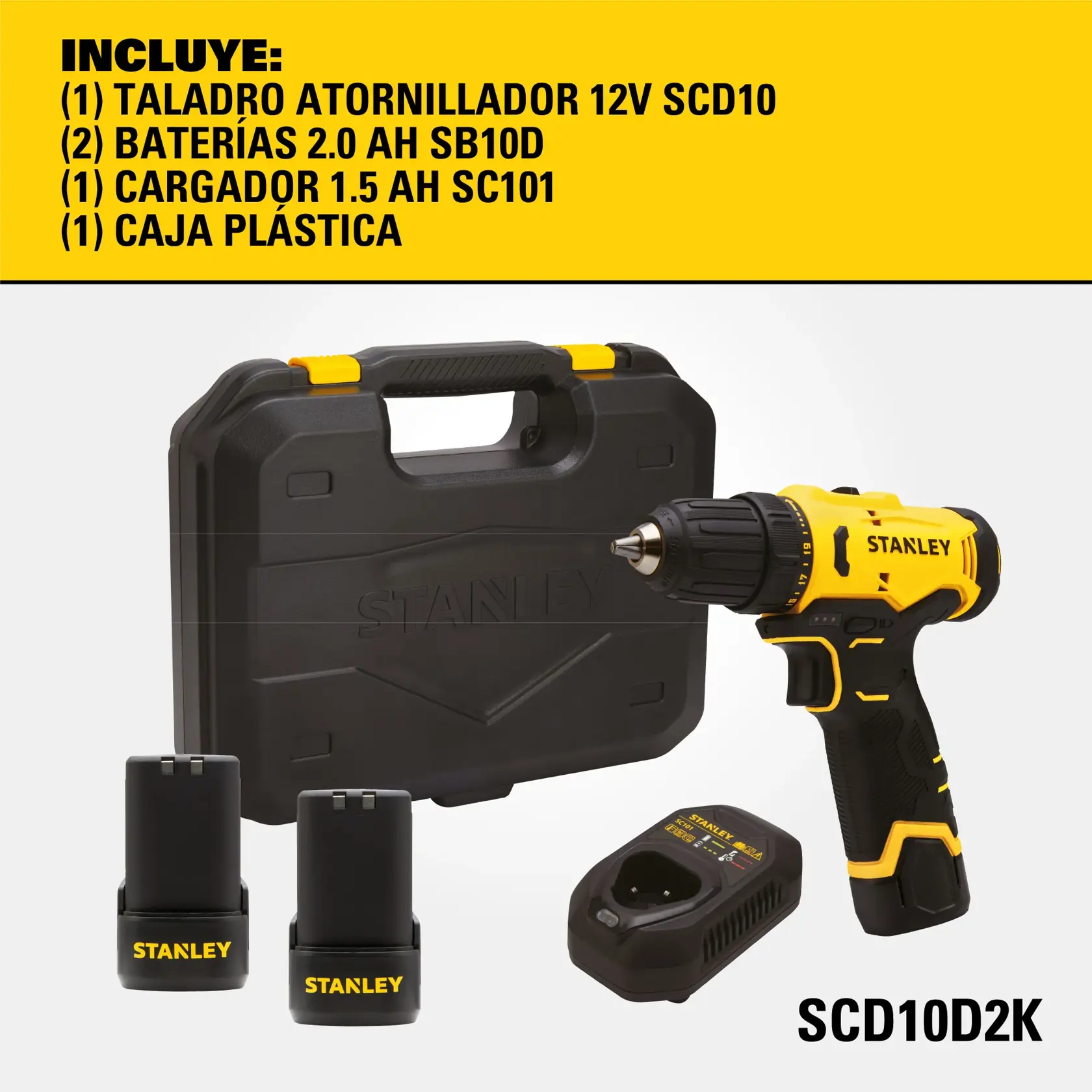 Kit de taladro inalámbrico Stanley SCD10D2K con un taladro amarillo y negro de 12V, dos baterías de 2.0 Ah, un cargador de 1.5 Ah y una caja plástica negra con la marca Stanley. Todos los componentes están mostrados con un fondo amarillo que lista los elementos incluidos.