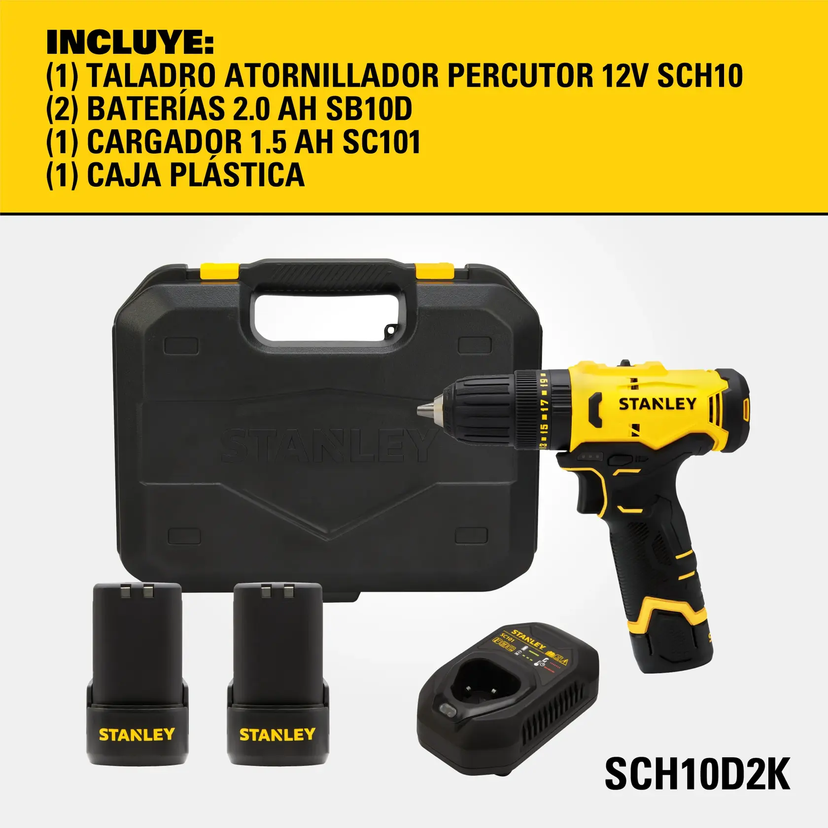 Kit de producto Stanley SCH10D2K que incluye un taladro atornillador percutor de 12V en color negro y amarillo, dos baterías recargables de 2.0 Ah, un cargador de 1.5 Ah y una caja plástica negra. El contenido del kit está listado en español en la parte superior de la imagen.