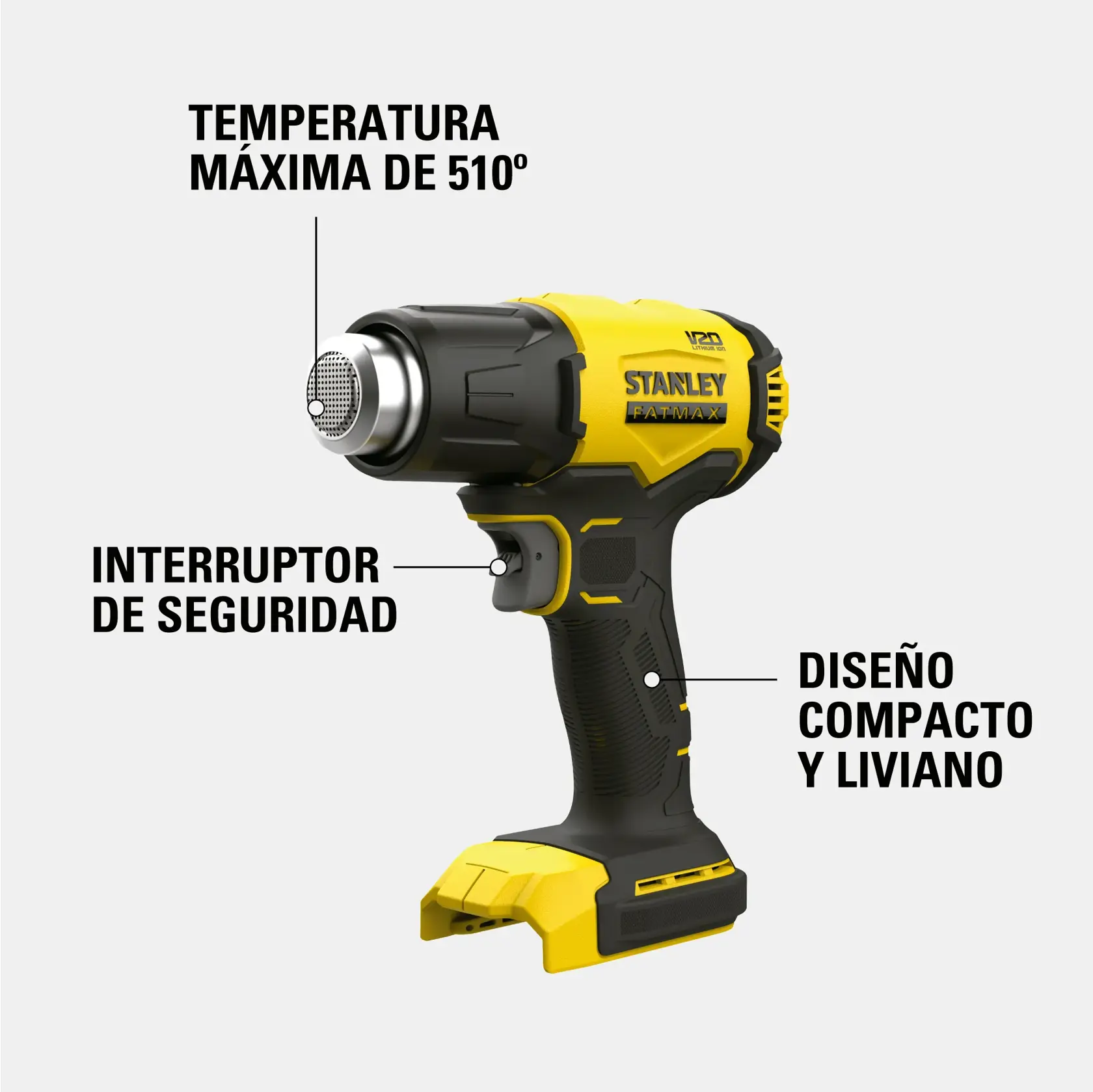 Pistola de calor inalámbrica Stanley Fatmax SCX530 mostrada con características destacadas: temperatura máxima de 510°C, interruptor de seguridad y diseño compacto y liviano.
