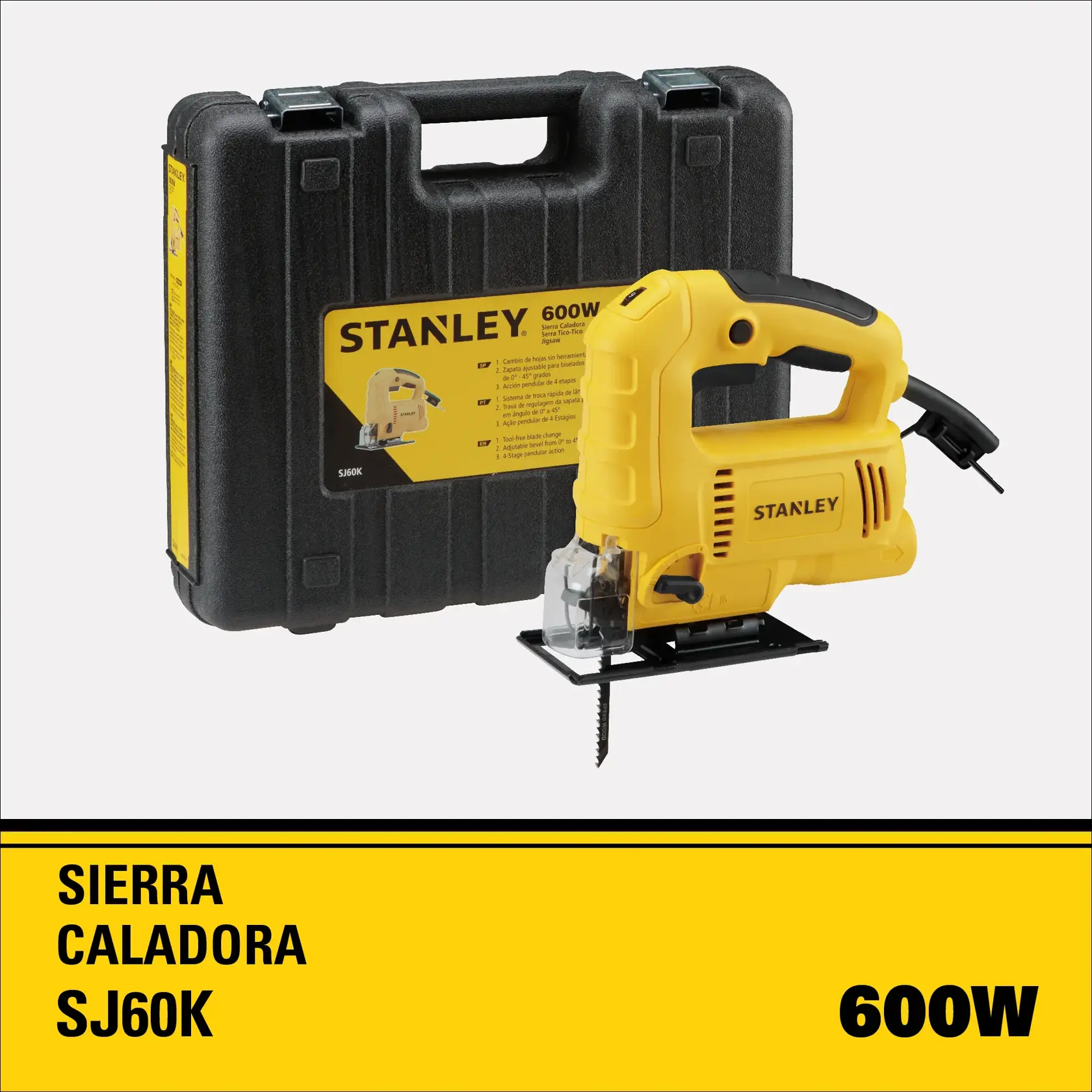 Una sierra caladora eléctrica amarilla STANLEY modelo SJ60K de 600W, mostrada junto a un estuche negro. La sierra está diseñada para trabajos de carpintería y construcción.