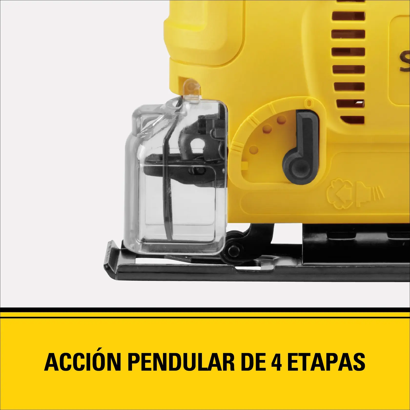 Primer plano de una sierra de calar STANLEY amarilla, destacando su característica de acción pendular de 4 etapas, con cubierta protectora transparente y dial de control visible. El texto debajo dice 'ACCIÓN PENDULAR DE 4 ETAPAS' en español.