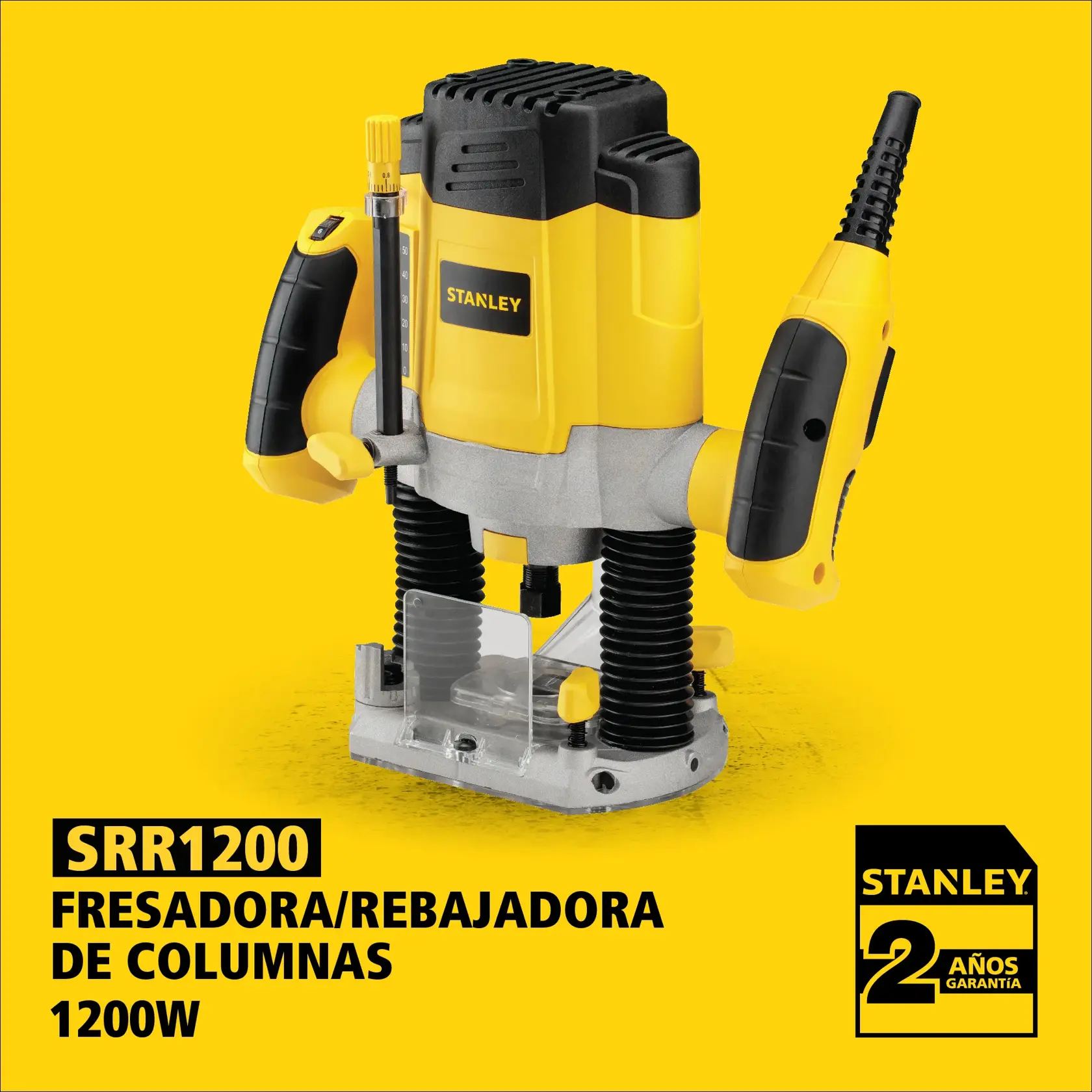 Imagen de una fresadora/rehajadora de columnas Stanley SRR1200 de color amarillo y negro con potencia de 1200W, sobre un fondo amarillo. El texto resalta 'SRR1200 Fresadora/Rebajadora de Columnas 1200W' y muestra que el producto tiene 2 años de garantía Stanley.