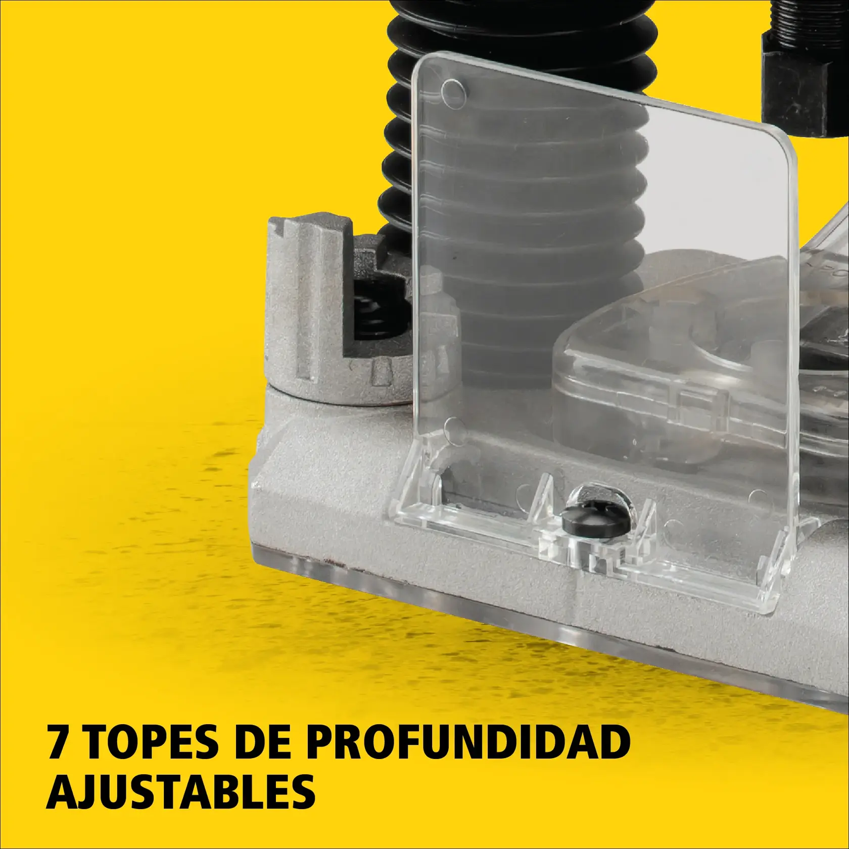 Vista cercana de un producto gráfico STANLEY SRR1200 destacando los topes de profundidad ajustables con un panel transparente y componentes metálicos sobre un fondo amarillo. El texto dice: '7 topes de profundidad ajustables'.