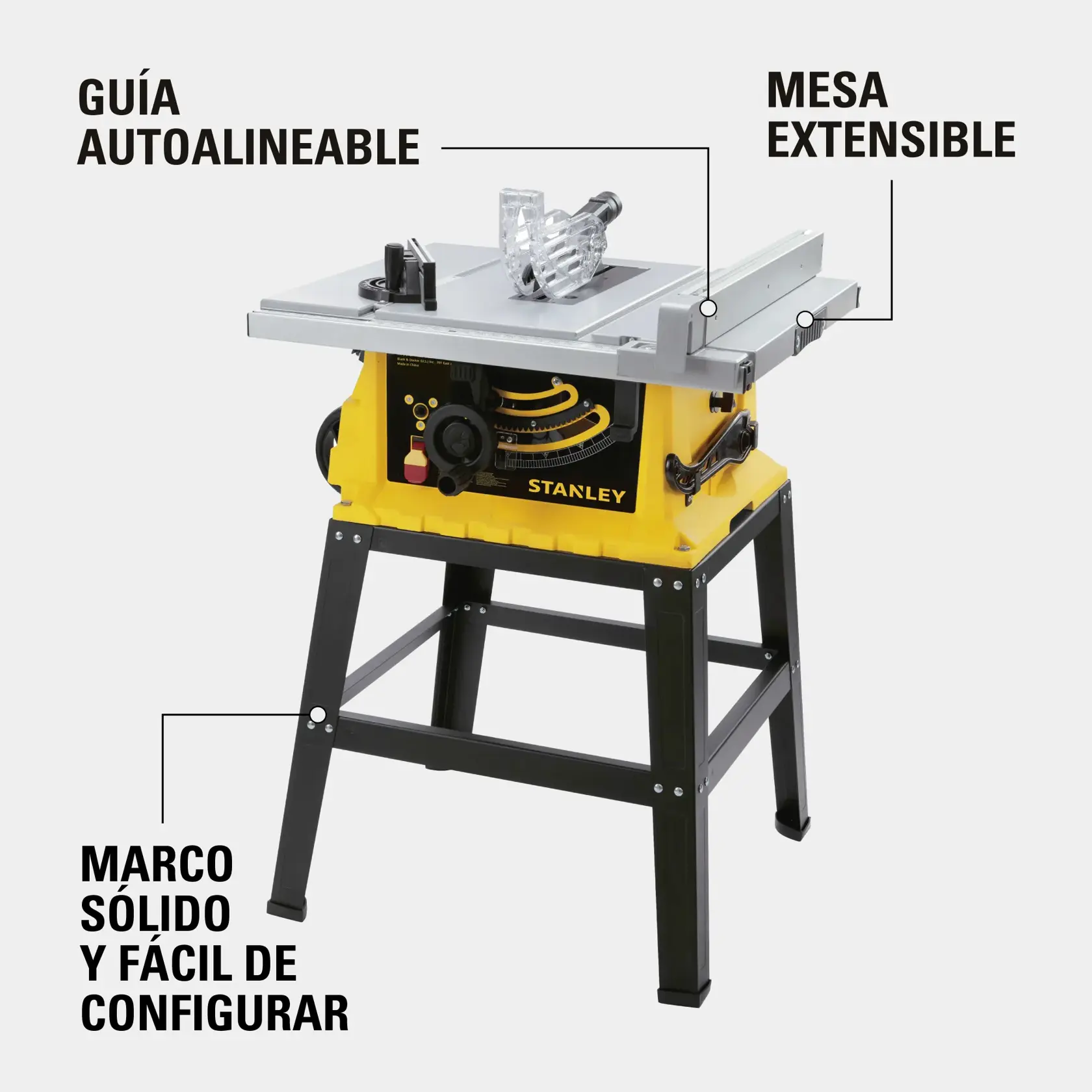 Sierra de mesa STANLEY SST2001, con cuerpo amarillo y negro, marco sólido, mesa extensible y guía autoalineable. La imagen resalta estas características con texto en español.