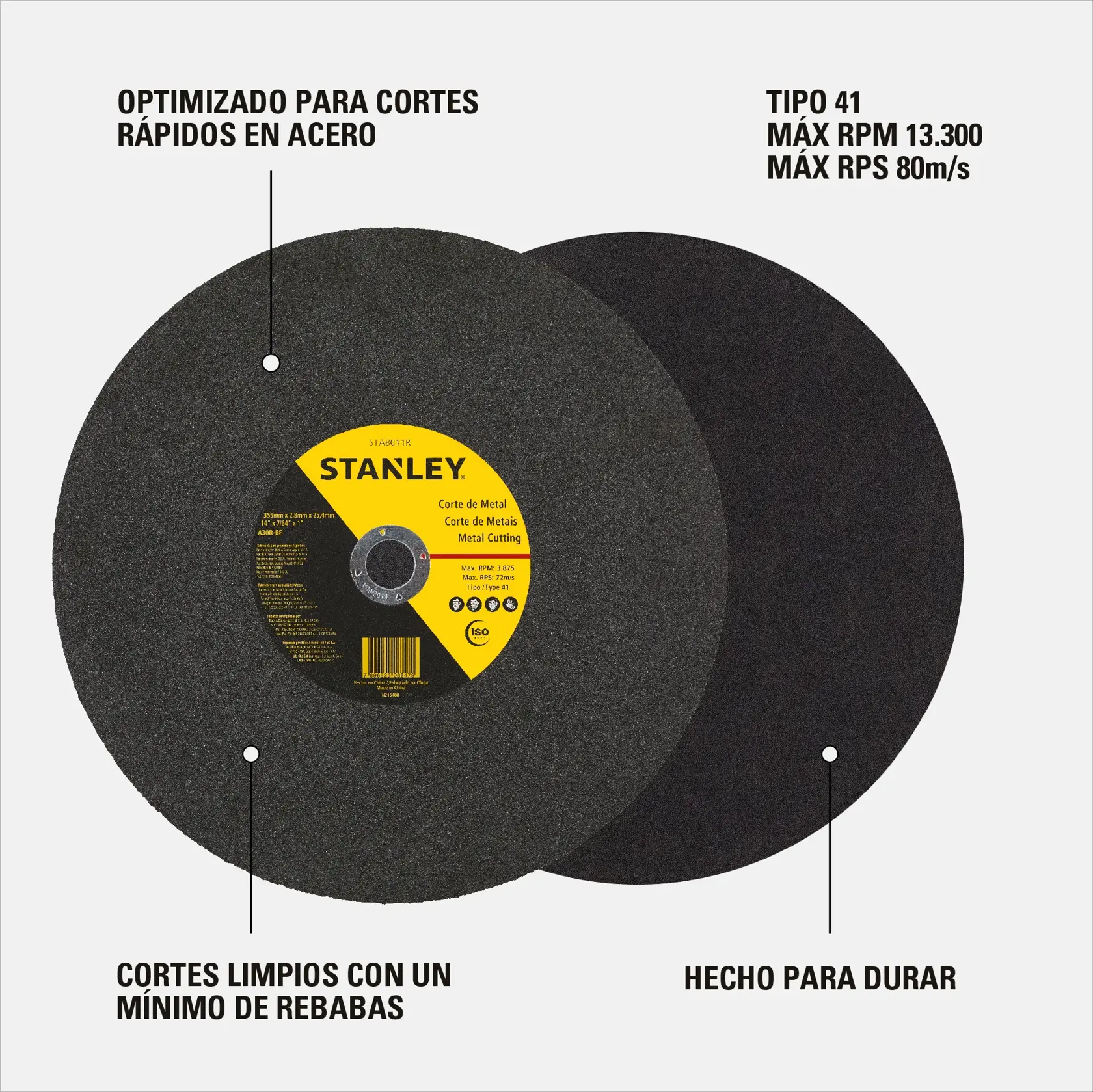 Dos discos de corte de metal Stanley, uno delante del otro, con etiqueta central amarilla y negra. El texto resalta características como optimizado para cortes rápidos en acero, cortes limpios con un mínimo de rebabas, hecho para durar y especificaciones técnicas: Tipo 41, máx RPM 13.300, máx RPS 80m/s.