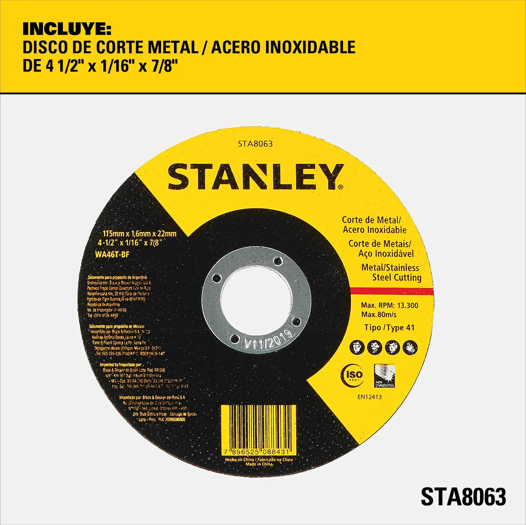 Disco de corte para metal y acero inoxidable marca STANLEY con código STA8063. El disco mide 4 1/2 x 1/16 x 7/8 pulgadas (115mm x 1.6mm x 22mm), adecuado para cortar metal y acero inoxidable. El empaque es amarillo y negro, e incluye características, advertencias de seguridad y especificaciones técnicas.