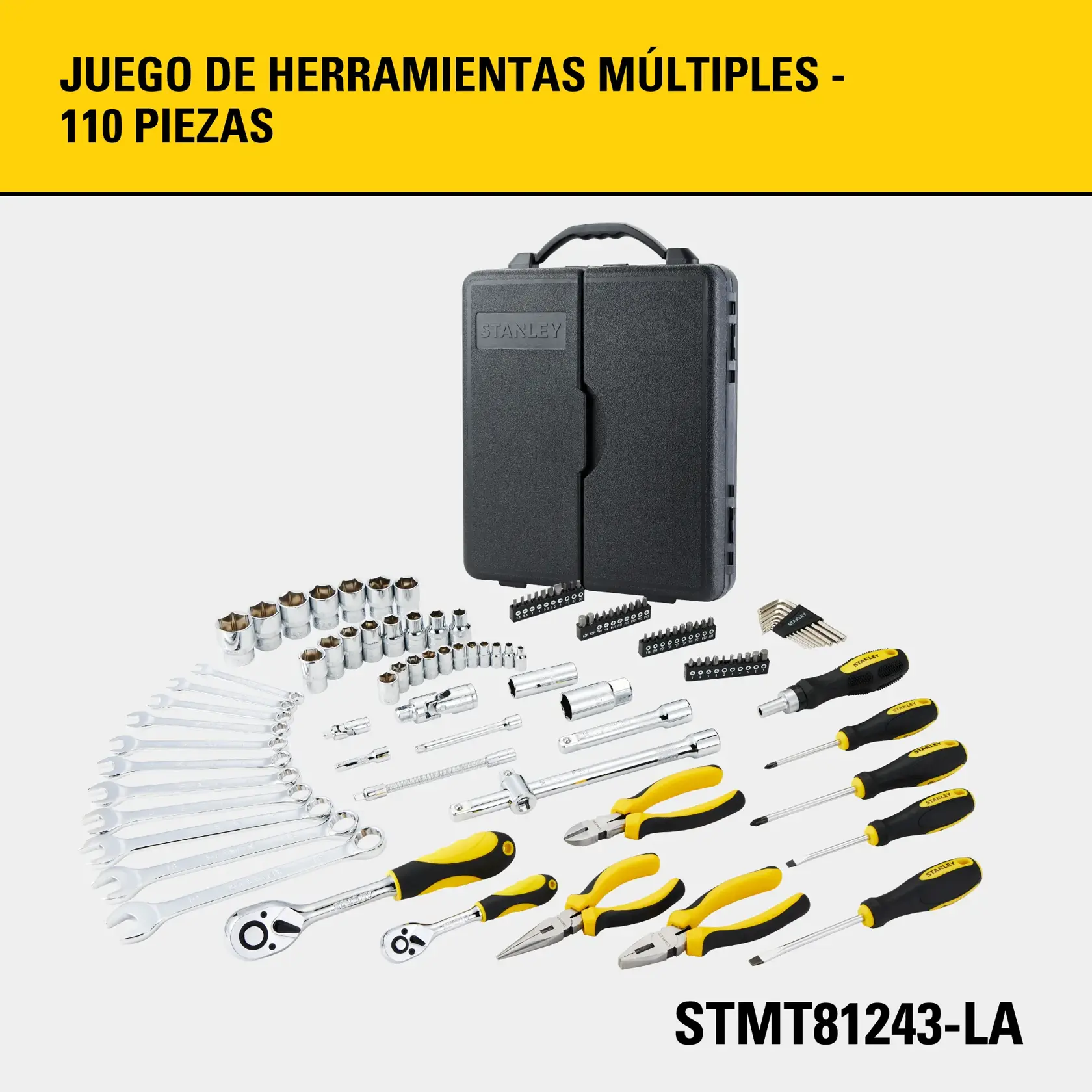 Juego de herramientas múltiples STANLEY mostrado con un estuche negro de transporte al fondo. El juego incluye llaves, dados, pinzas, destornilladores, puntas y carracas variadas, con un total de 110 piezas. El SKU del producto es STMT81243.