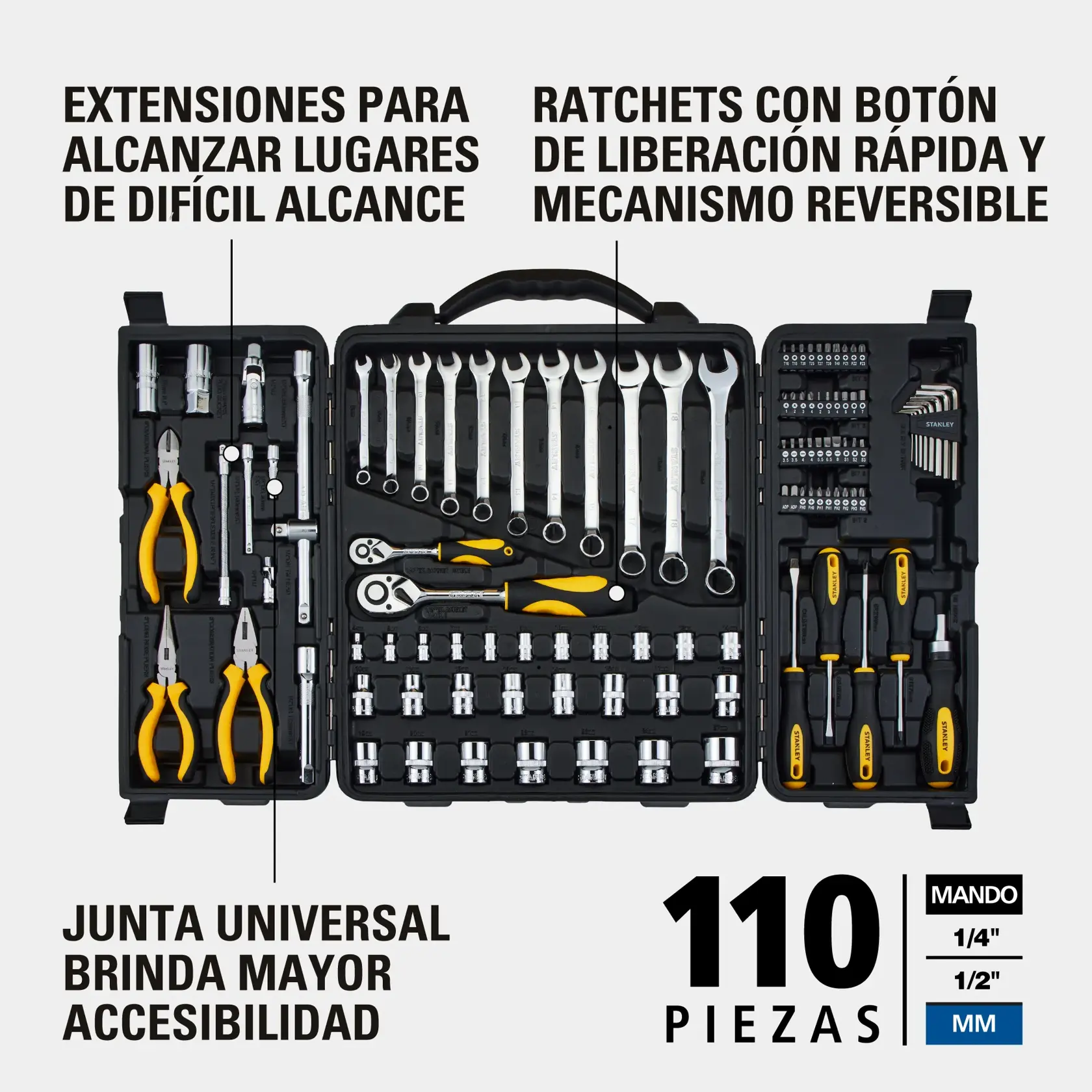 Juego de herramientas Stanley de 110 piezas en un estuche negro, que incluye llaves, pinzas, carracas con botones de liberación rápida, destornilladores, extensiones de dados, junta universal y una variedad de puntas y dados. El texto resalta extensiones para lugares de difícil alcance, carracas de liberación rápida y reversibles, y mayor accesibilidad gracias a la junta universal.