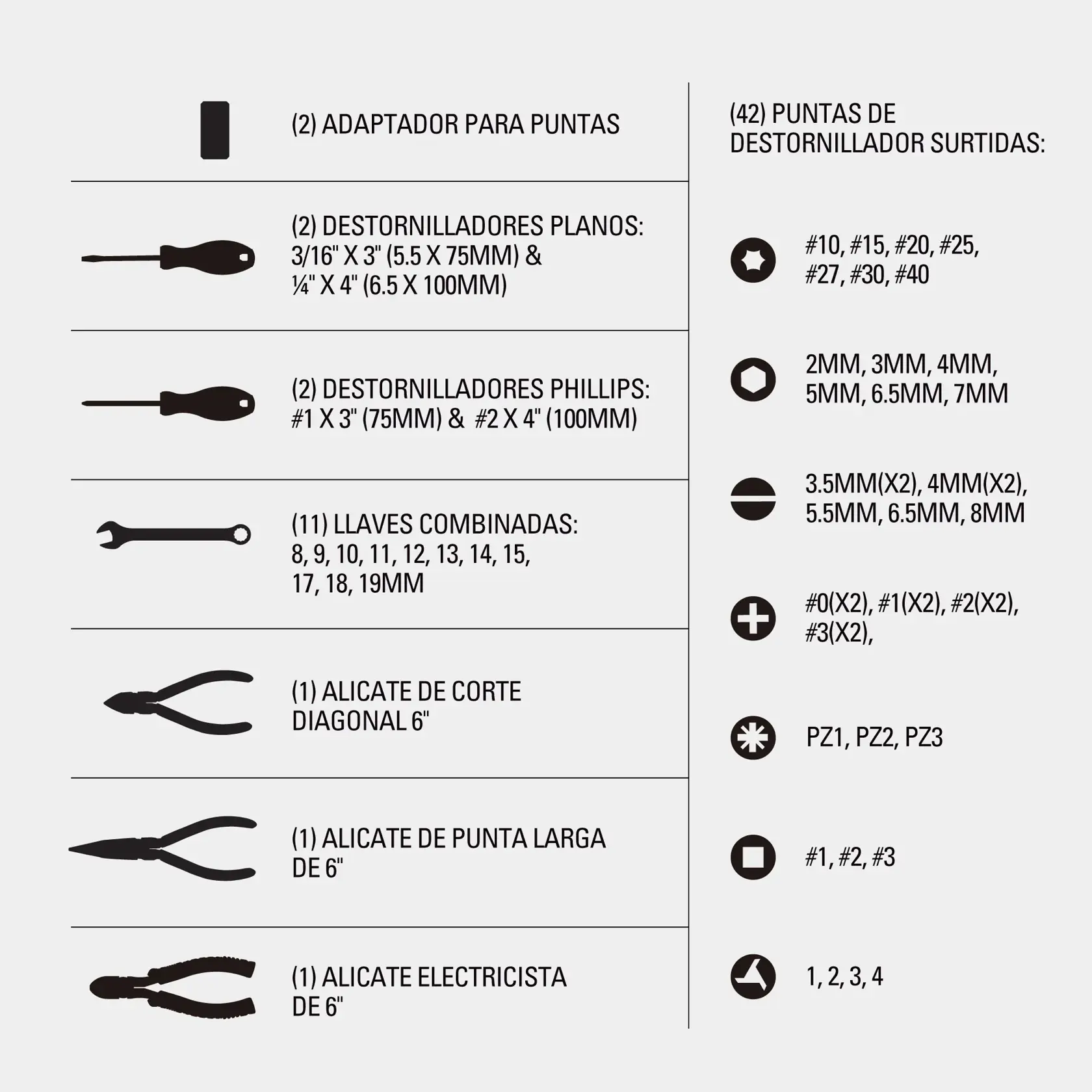 Imagen que muestra una lista ilustrada de herramientas y accesorios de la marca STANLEY, incluyendo: (2) adaptadores para puntas, (2) destornilladores planos, (2) destornilladores Phillips, (11) llaves combinadas, (1) alicate de corte diagonal de 6 pulgadas, (1) alicate de punta larga de 6 pulgadas, (1) alicate electricista de 6 pulgadas, y (42) puntas de destornillador surtidas con tamaños y tipos detallados junto a iconos.