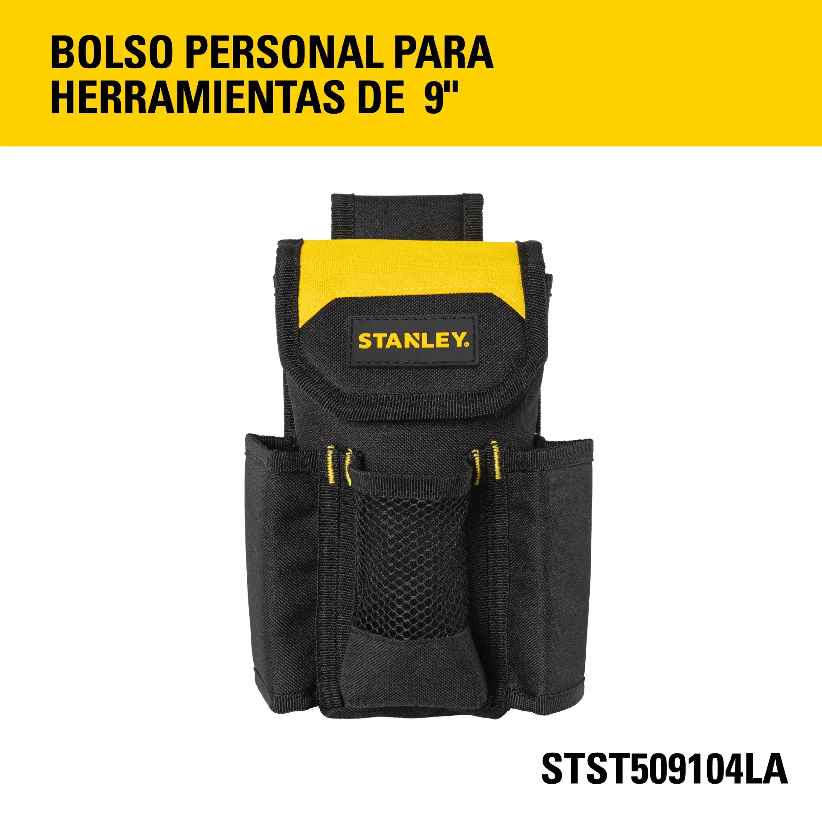 Foto de bolso para herramientas STANLEY negro y amarillo, SKU STST509104LA, sobre fondo blanco.