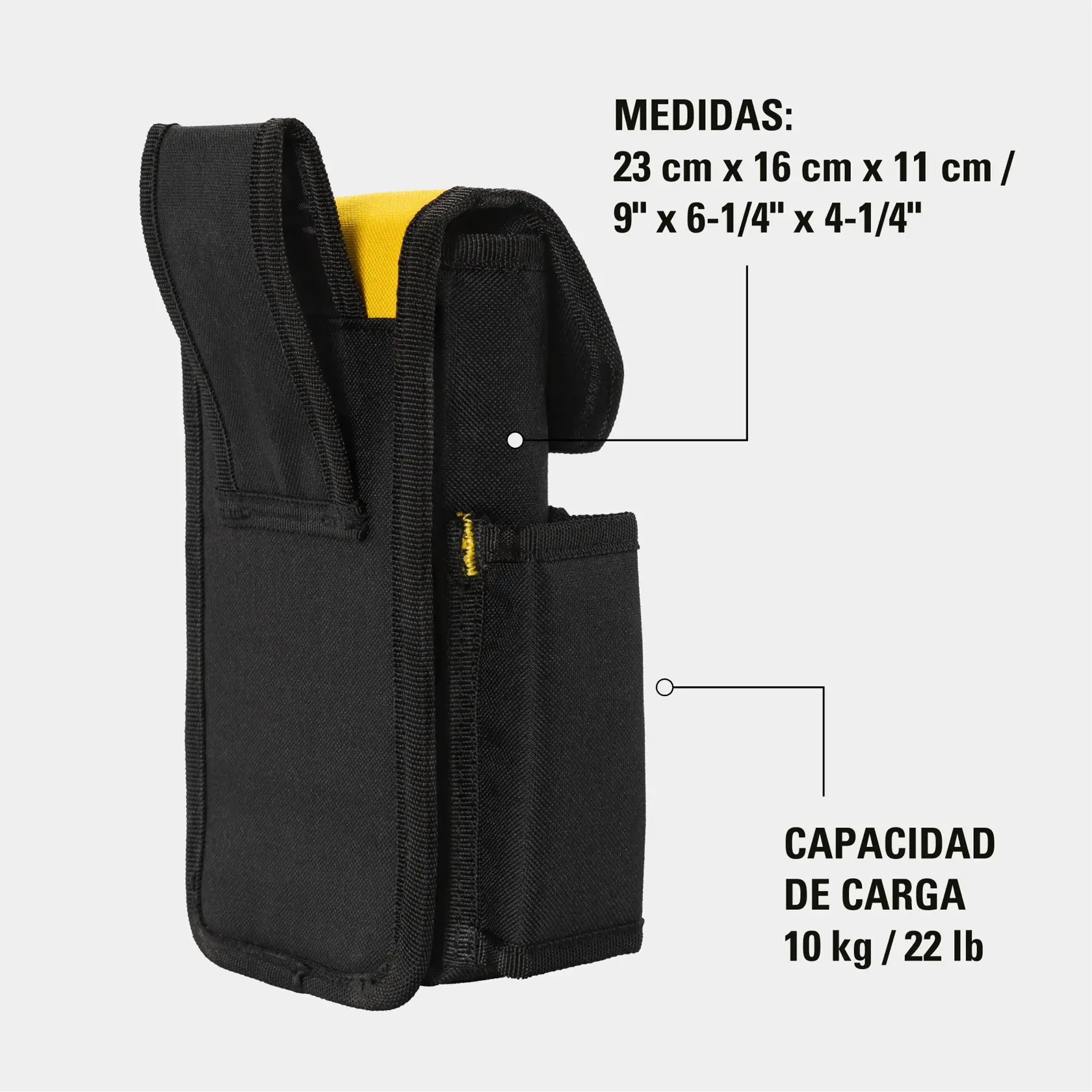 Bolsa porta herramientas STANLEY STST509104LA, negra con interior amarillo, vista lateral, material duradero.