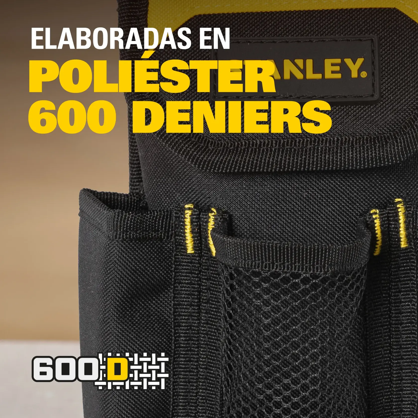 Gráficos STANLEY STST509104LA, malla negra y tela con detalles amarillos, vista frontal en primer plano.
