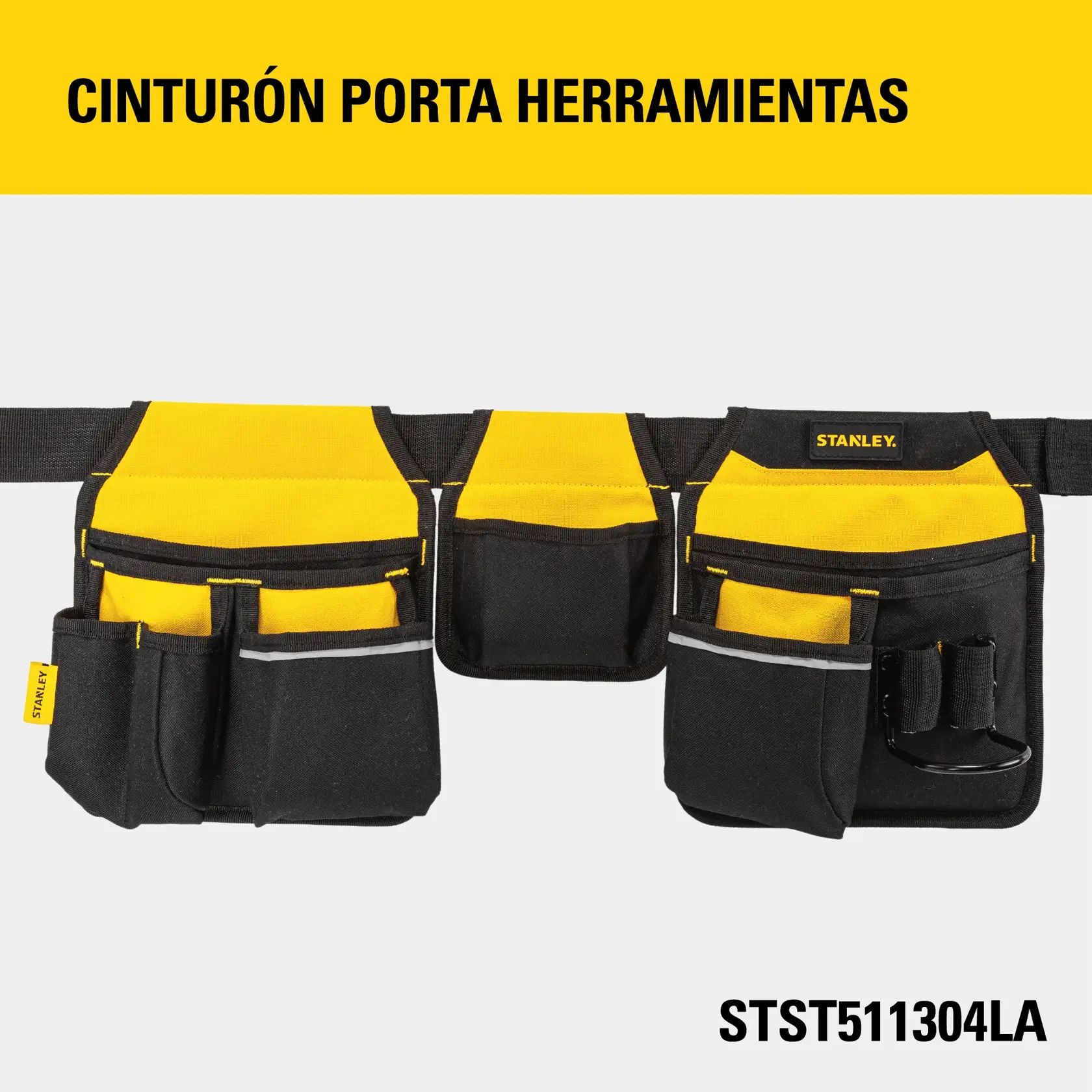 Foto frontal del cinturón porta herramientas STANLEY STST511304LA con varios bolsillos negro y amarillo sobre fondo blanco.