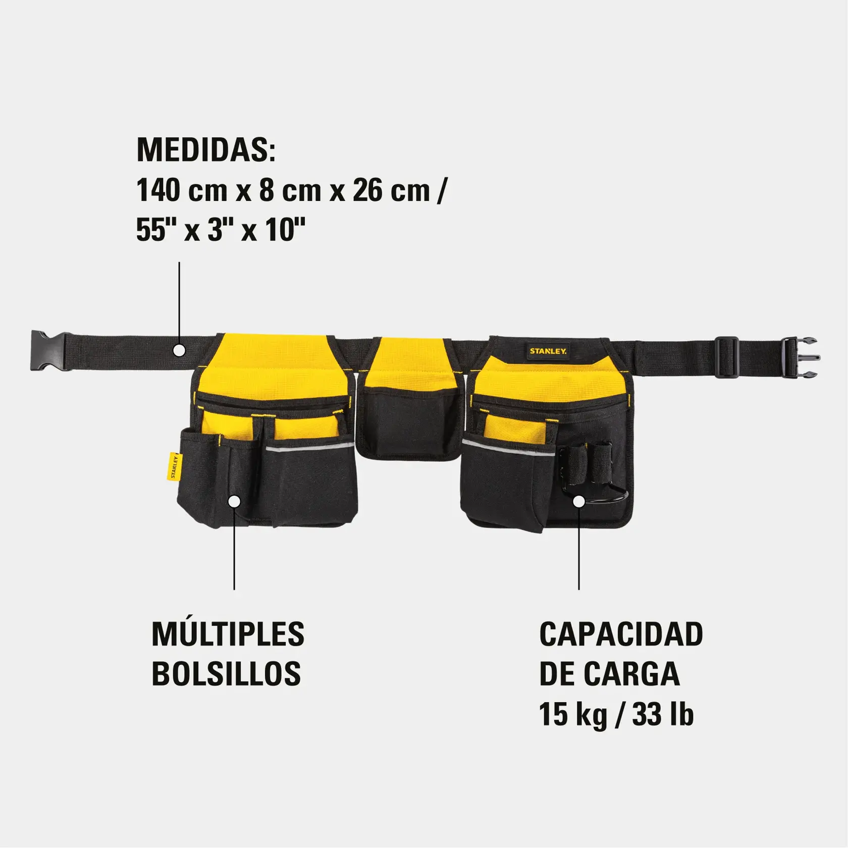 Cinturón para herramientas STANLEY STST511304LA con múltiples bolsillos, negro y amarillo, capacidad de 15 kg, vista frontal.