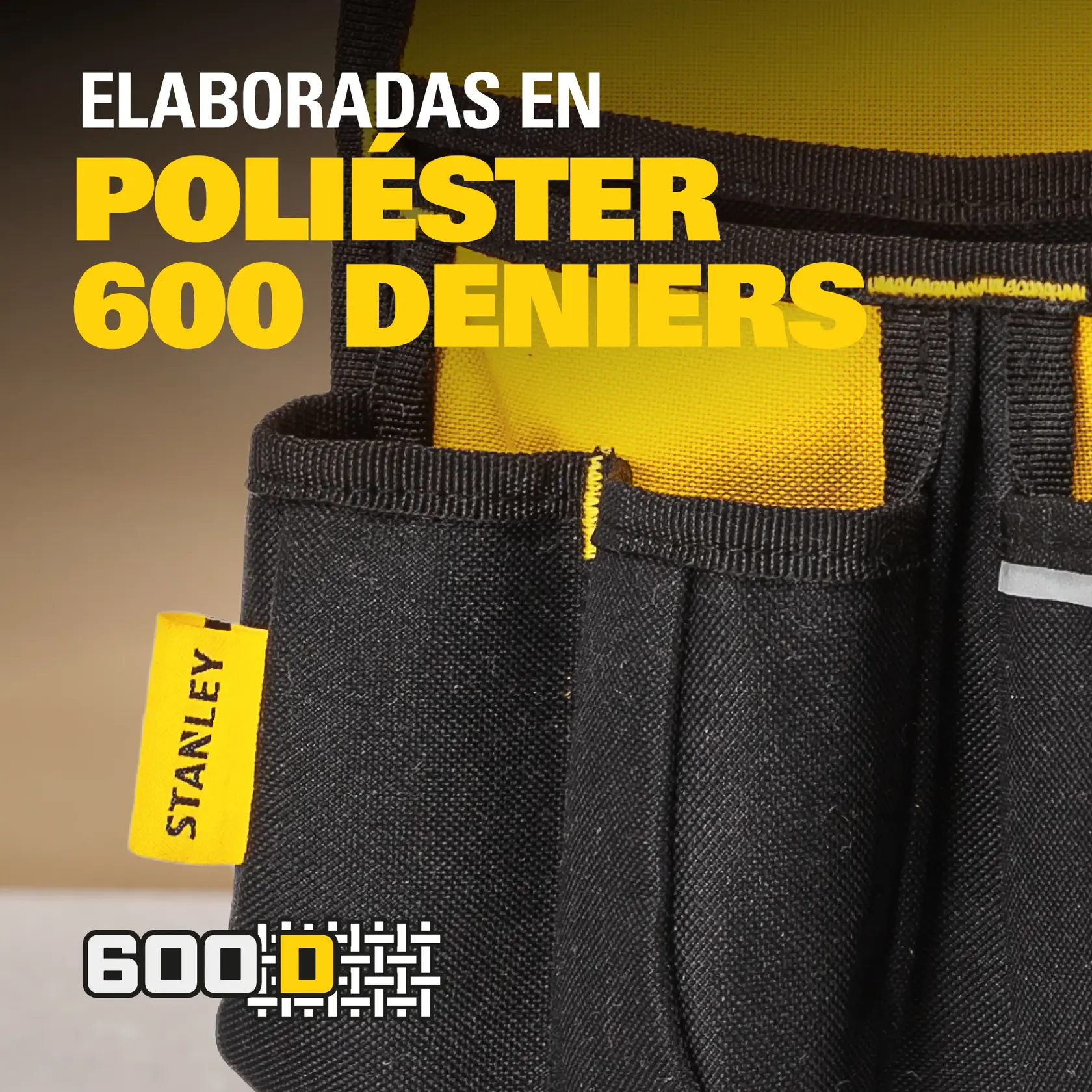 Foto de la bolsa STANLEY STST511304LA hecha de poliéster negro y amarillo 600D, vista cercana con etiqueta.