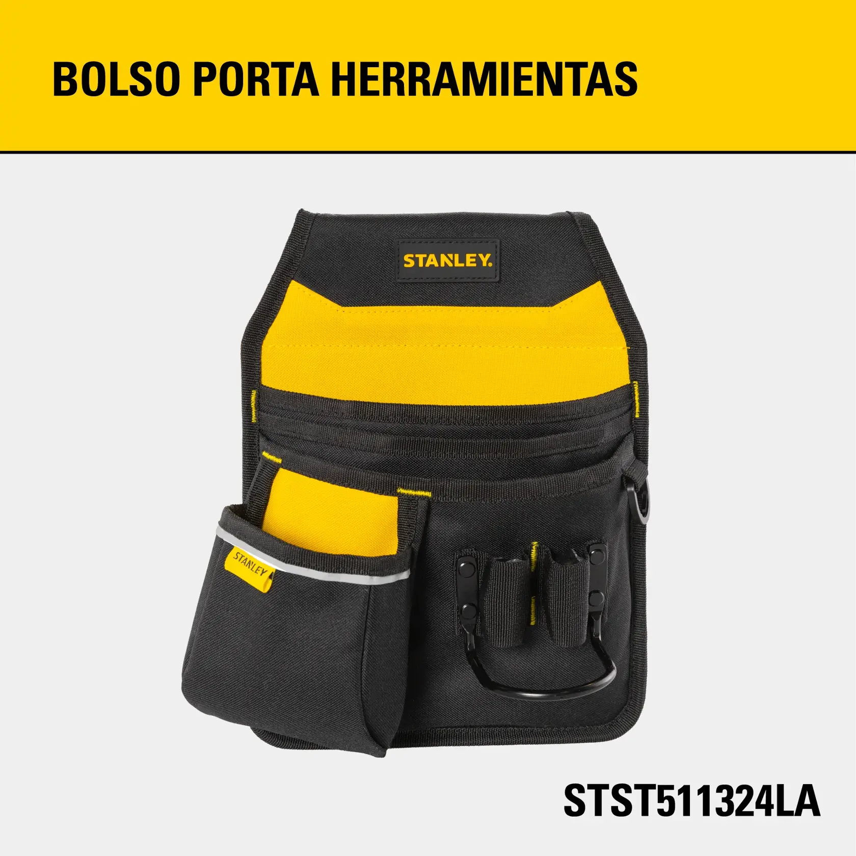 Vista frontal de bolsa porta herramientas STANLEY negra y amarilla STST511324LA con varios bolsillos.
