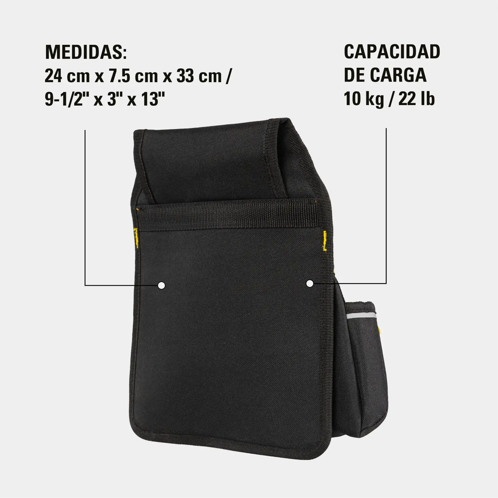 Foto de bolsa para herramientas negra STANLEY STST511324LA, ángulo lateral, con bolsillo frontal y costuras, fondo blanco.