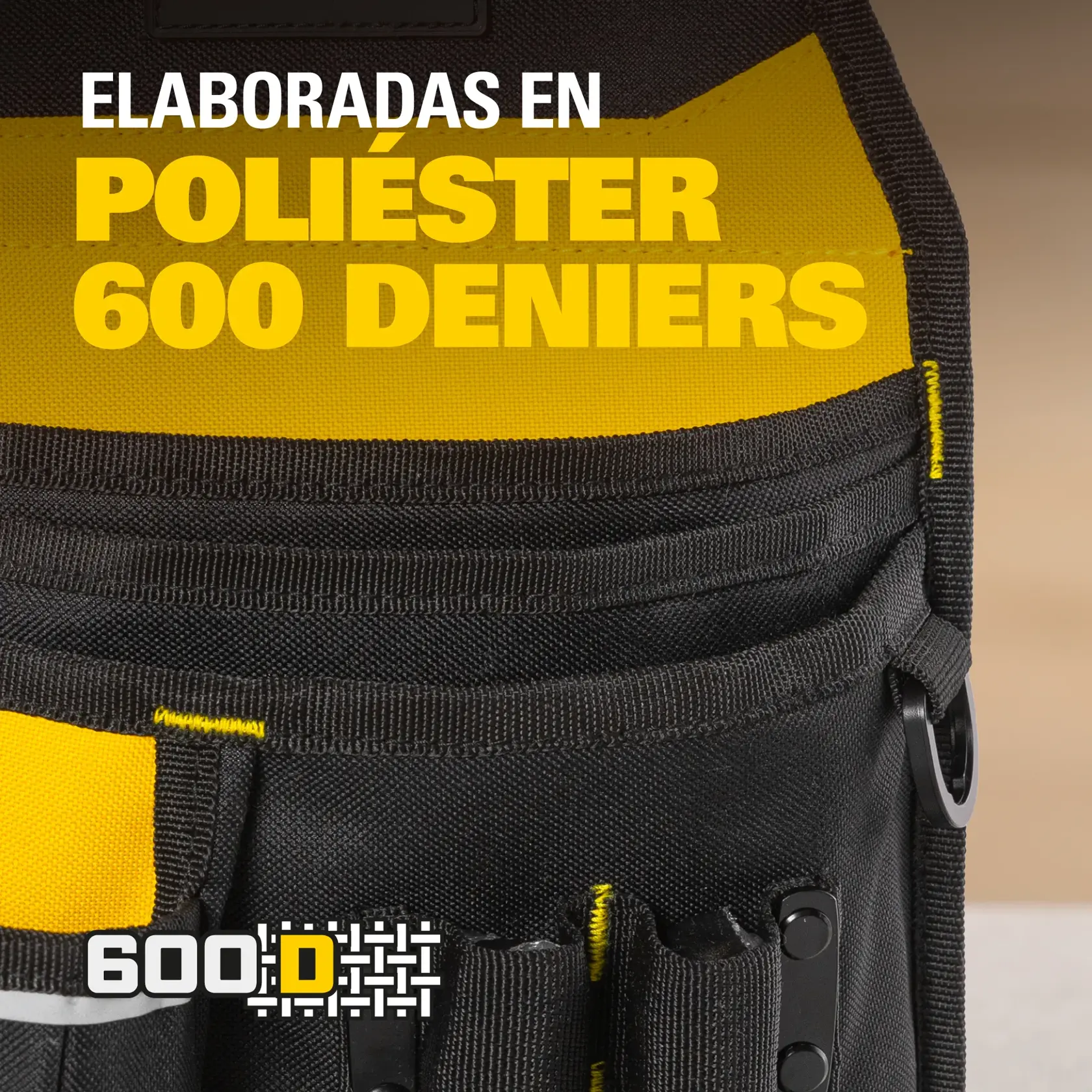 Bolsa de herramientas STANLEY STST511324LA, vista frontal, amarillo y negro, poliéster 600D, detalles de bolsillos visibles.