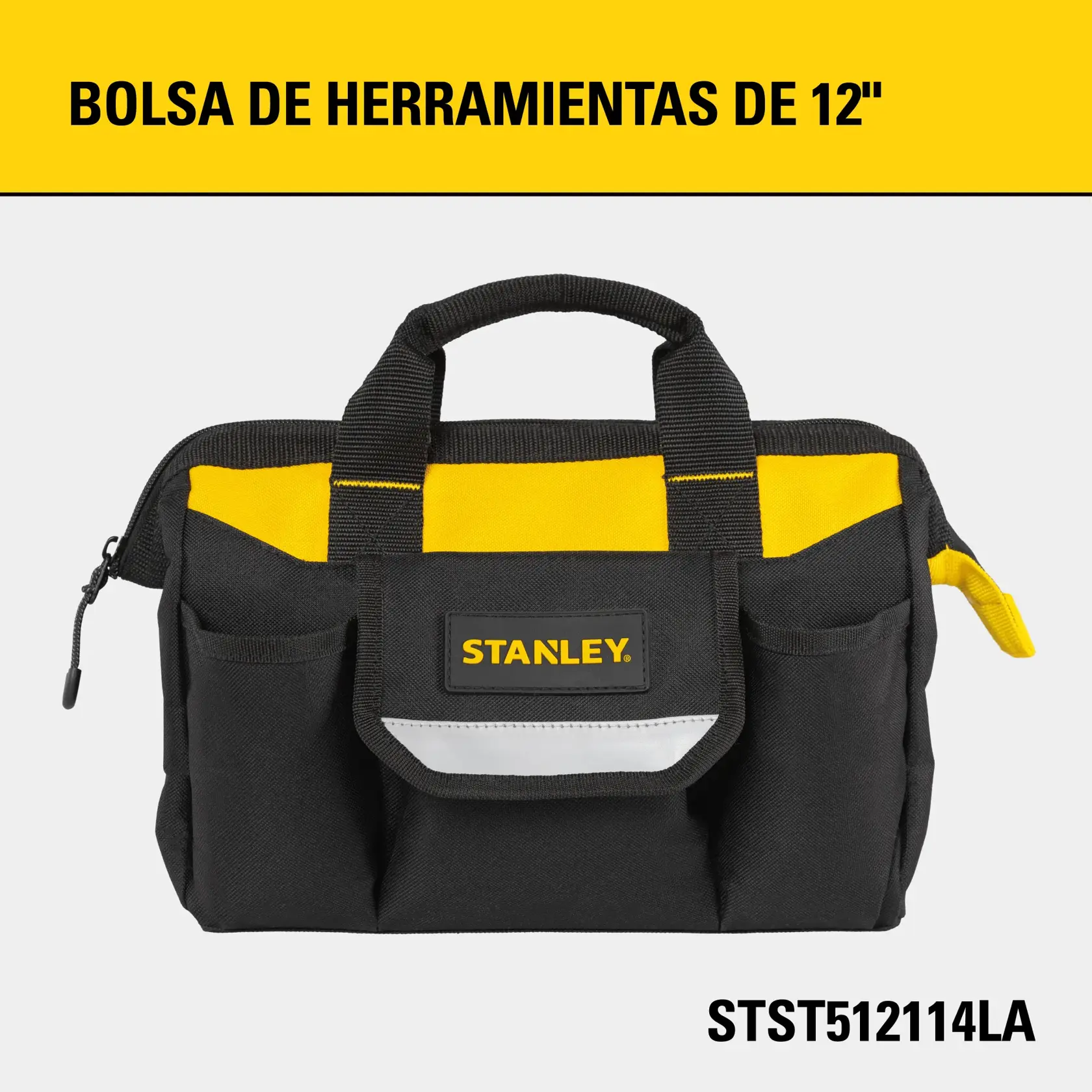 Foto frontal de bolsa para herramientas STANLEY 12" negra con amarillo, SKU STST512114LA.