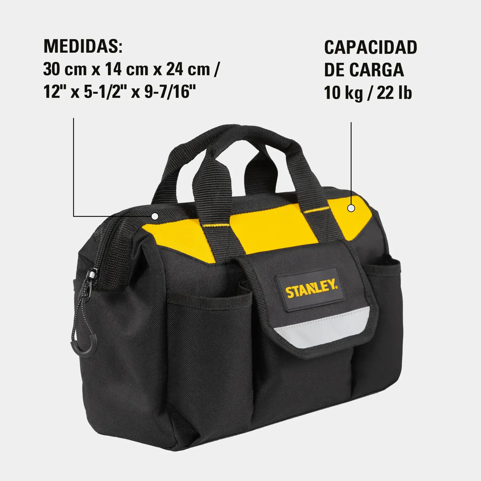 Bolsa para herramientas STANLEY STST512114LA negra y amarilla, vista superior, con múltiples bolsillos externos.