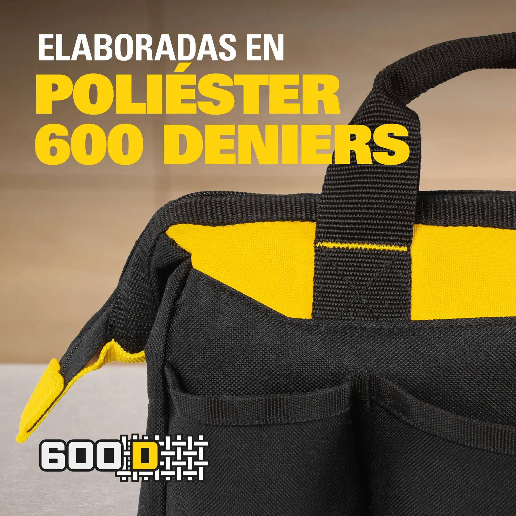 Bolsa de herramientas STANLEY STST512114LA, tela negra y amarilla de poliéster 600D, vista frontal.
