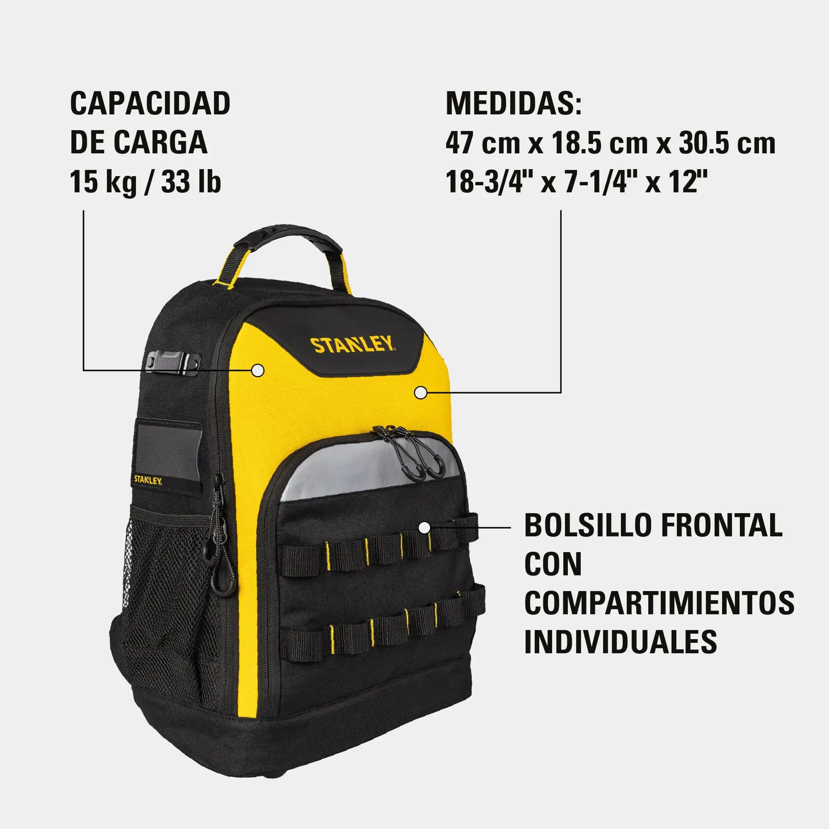 Mochila STANLEY STST515155LA negra y amarilla, bolsillo frontal con compartimentos, vista inclinada sobre fondo blanco.