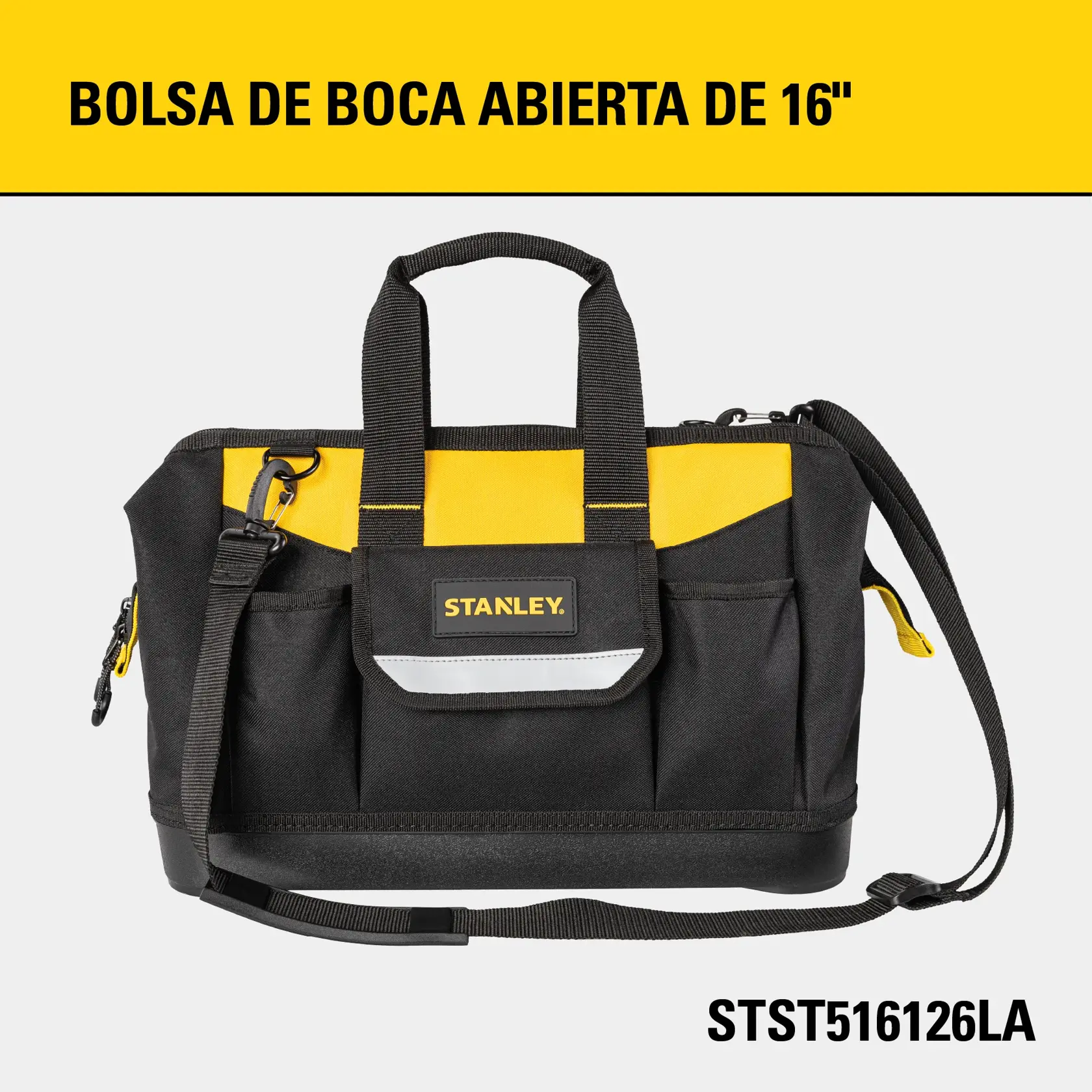 Bolsa de herramientas STANLEY STST516126LA, negra y amarilla, vista frontal sobre fondo blanco.