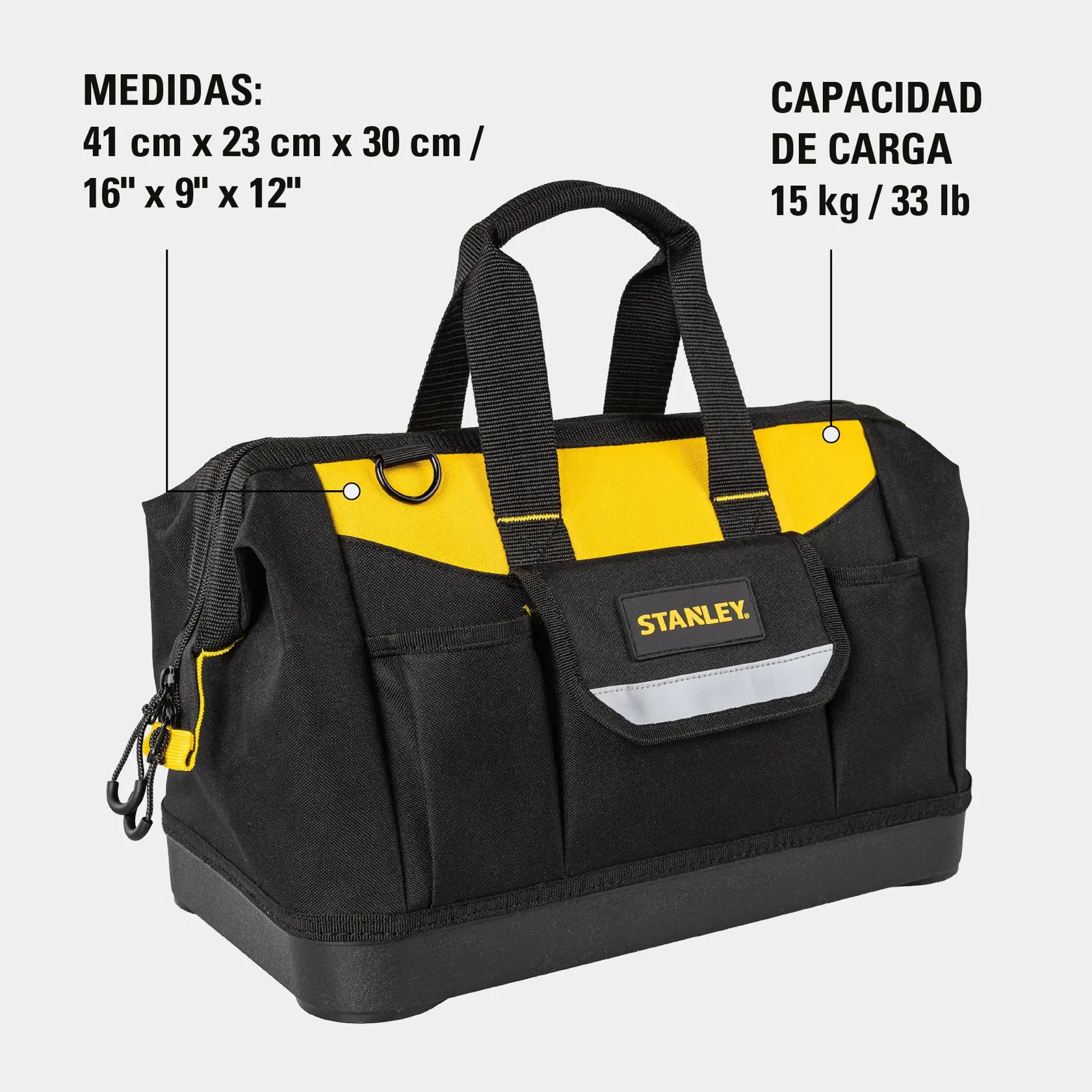 Foto en ángulo frontal del bolso para herramientas STANLEY STST516126LA, negro y amarillo, asas, 41x23x30 cm.