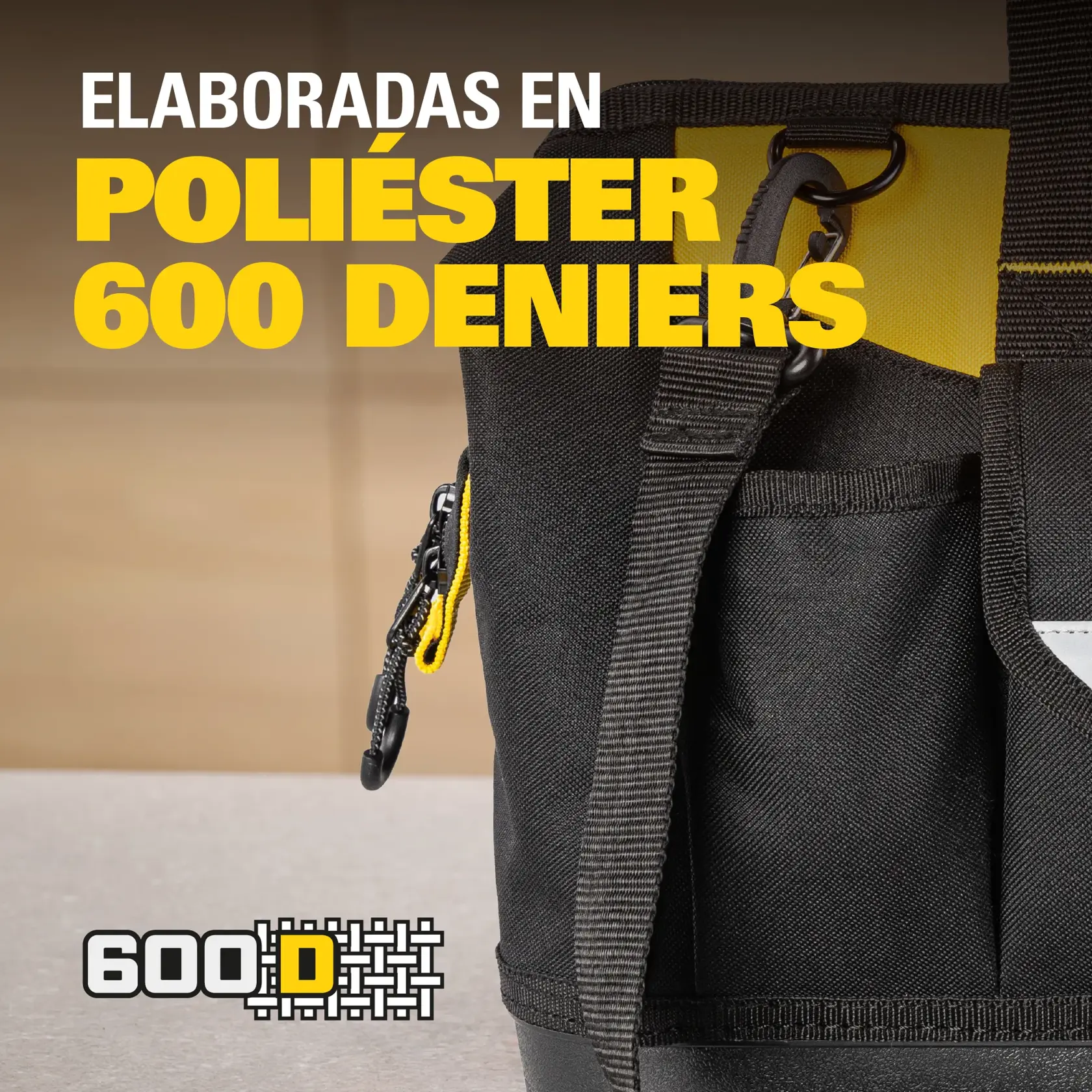 Foto de la bolsa STANLEY SKU STST516126LA, negra y amarilla, hecha de poliéster 600D, vista lateral de cerca.