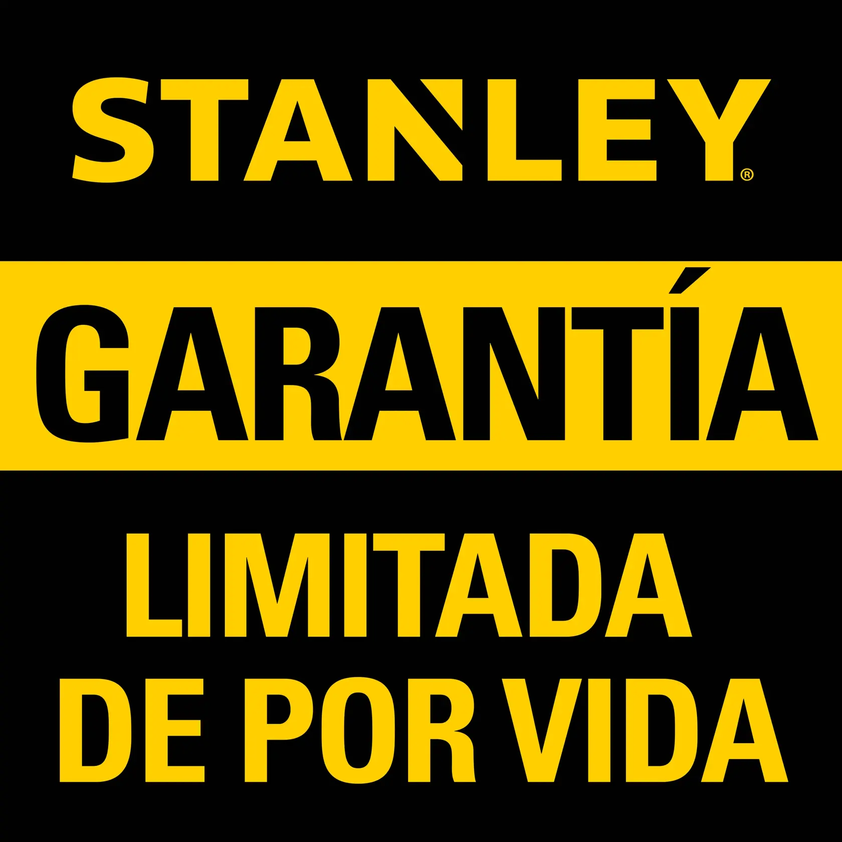 Logo Stanley con texto: Garantía limitada de por vida en fondo negro y amarillo.