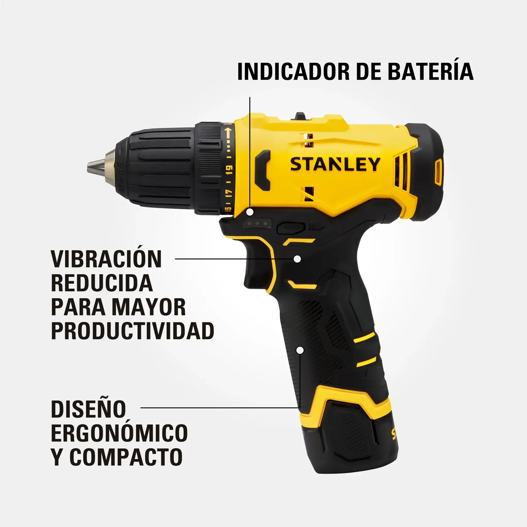 Taladro inalámbrico STANLEY amarillo y negro con indicador de batería, vibración reducida para mayor productividad y diseño ergonómico y compacto. El texto resalta estas características.