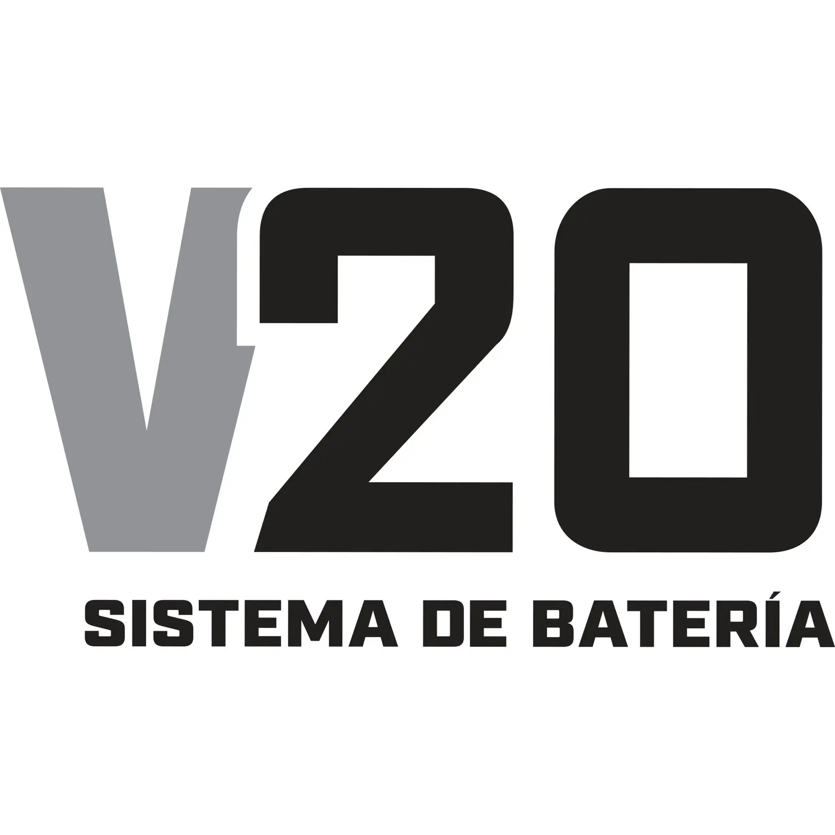 Logo del sistema de batería STANLEY V20 en texto gris y negro, frase en español debajo.