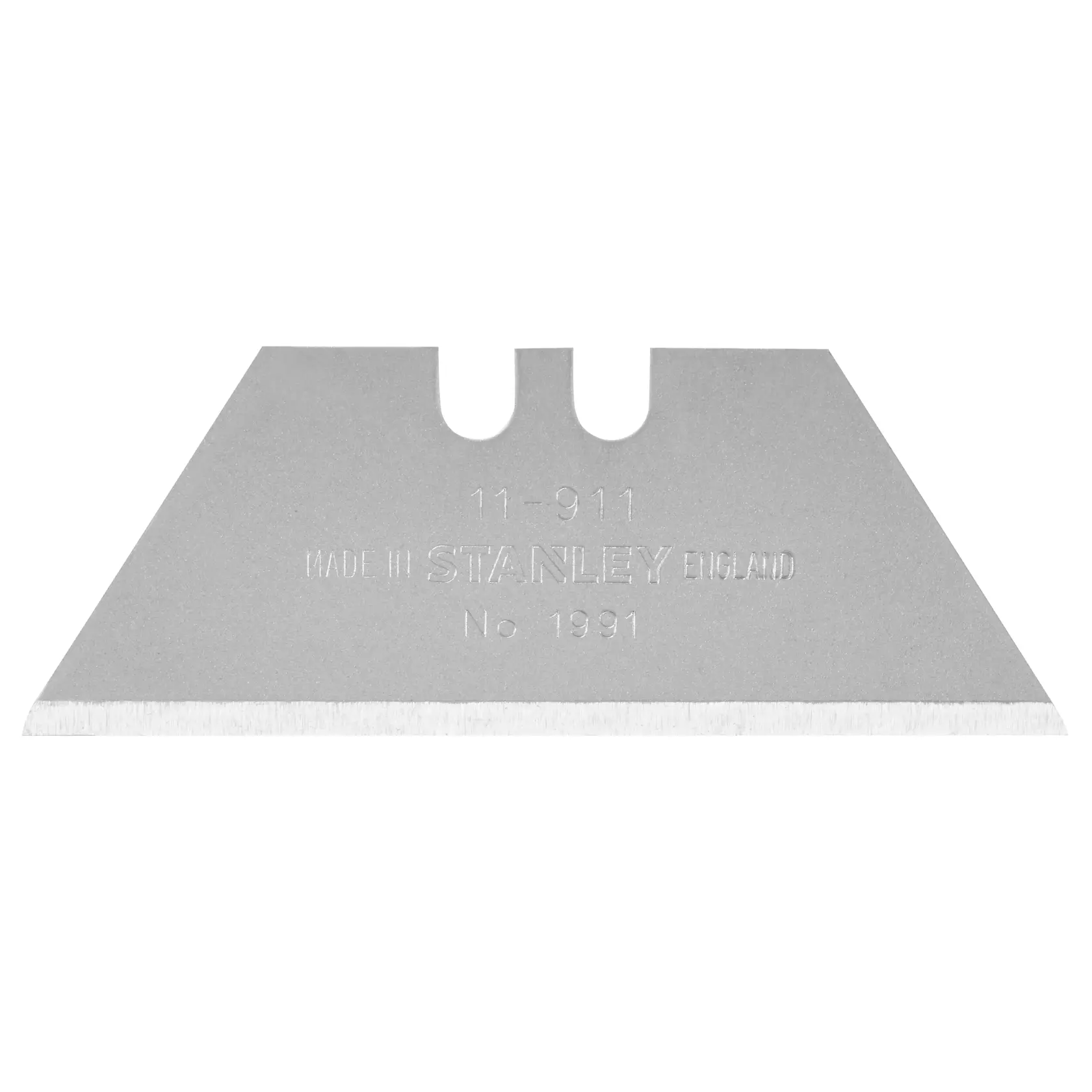 Hoja rectangular plateada con dos muescas, marca STANLEY, adecuada para tareas de corte.