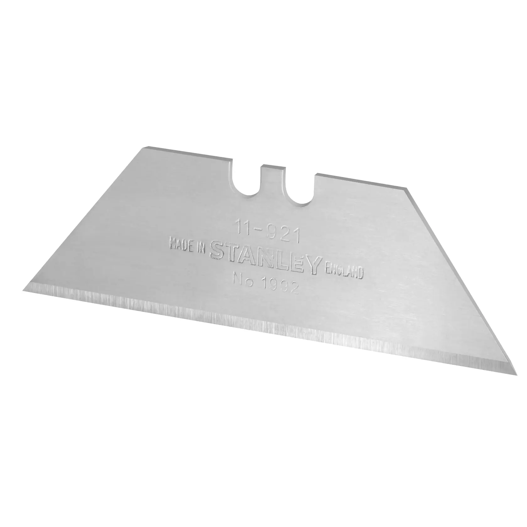 STANLEY 0-11-921 hoja para cuchillo multiusos, metal plateado, filo angulado, fotografía de producto fondo blanco.