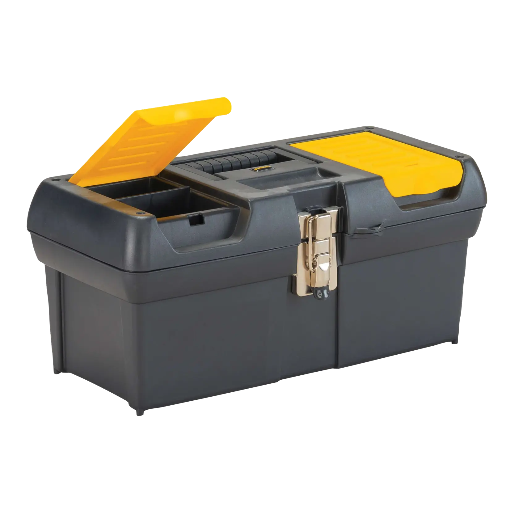 Caja de herramientas de plástico negro Stanley con organizadores superiores amarillos, tapa izquierda abierta, vista frontal sobre fondo blanco
