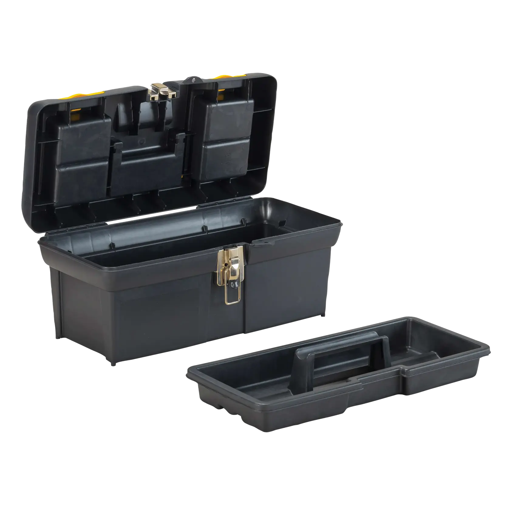 Caja de herramientas Stanley de plástico negro con tapa abierta, bandeja extraíble y cierre metálico, ángulo frontal sobre fondo blanco